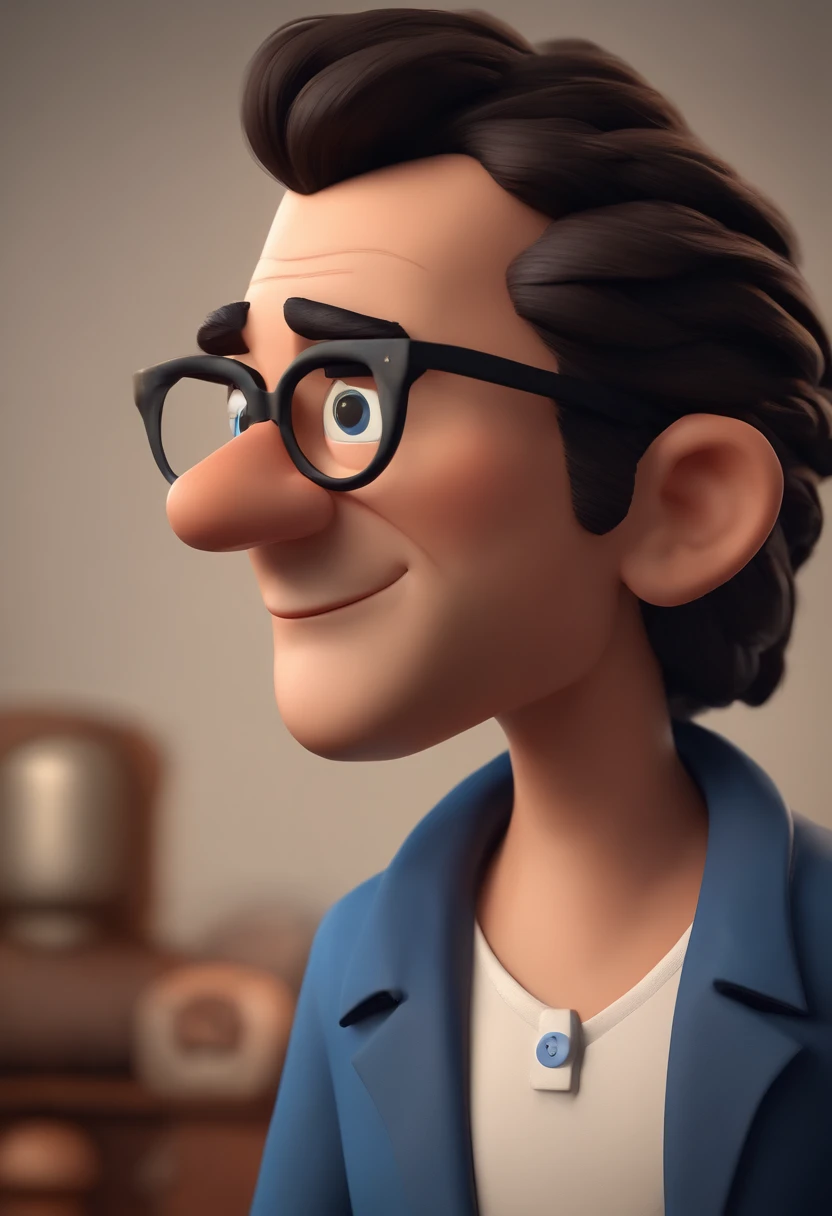 Cartoon character of a man with black glasses, cabelo cacheado marrom escuro e uma camisa azul, animation character, Caractere estilizado, animation style rendering, 3D estilizado, Arnold Maya render, 3 d render stylized, toon render keyshot, Personagem 3D, Personagem 3D, 3d rendering stylized, 3 d character render, personagem de desenho animado, Personagem de close up, Pose de personagem,  (Estilo Pixar) (master part:1.2) (Bokeh) (best quality) (pele detalhada) (textura detalhada) (8k) (argila) (Cinematic lighting) (foco nítido