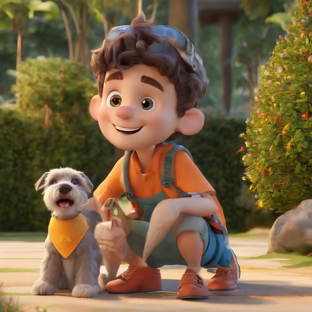 Lucas is a smiling 30-year-old human boy, veterinary , com seu fiel amigo, Bolt, o cachorro schnauzer, deitados no jardim