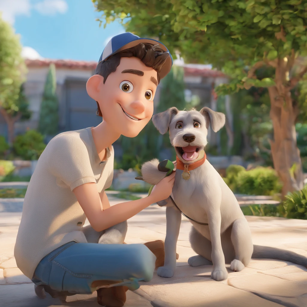 Lucas is a smiling 30-year-old human boy, veterinary , com seu fiel amigo, Bolt, o cachorro schnauzer, deitados no jardim