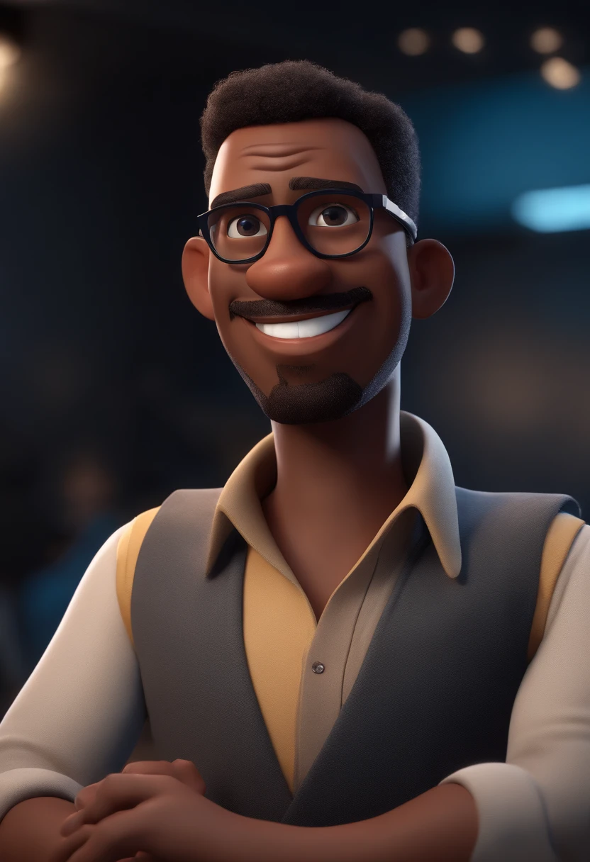 Cartoon character of a black man without beard hairwith black glasses and a blue shirt, animation character, Caractere estilizado, animation style rendering, 3D estilizado, Arnold Maya render, 3 d render stylized, toon render keyshot, Personagem 3D, Personagem 3D, 3d rendering stylized, 3 d character render, personagem de desenho animado, Personagem de close up, Pose de personagem, (Estilo Pixar) (master part:1.2) (Bokeh) (best quality) (pele detalhada) (textura detalhada) (8k) (argila) (Cinematic lighting) (foco nítido