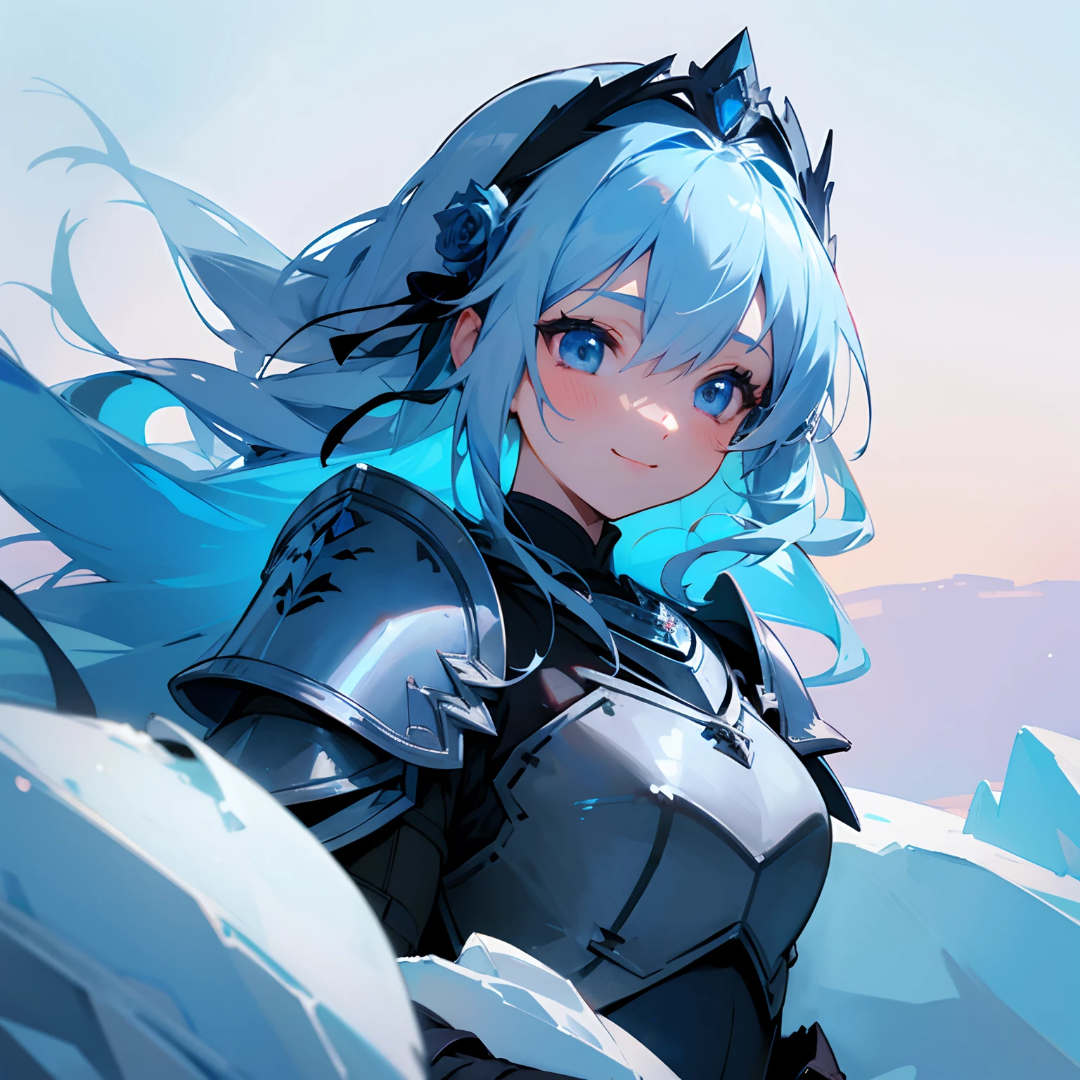 blue rose girl, fully covered, rose on hair, hair accessories, heavy armor, blue hair, hd, ultra quality, pleasant face, mild smile, long shot, wide shot, wide angle, looking away, frozen environment, winter, ice