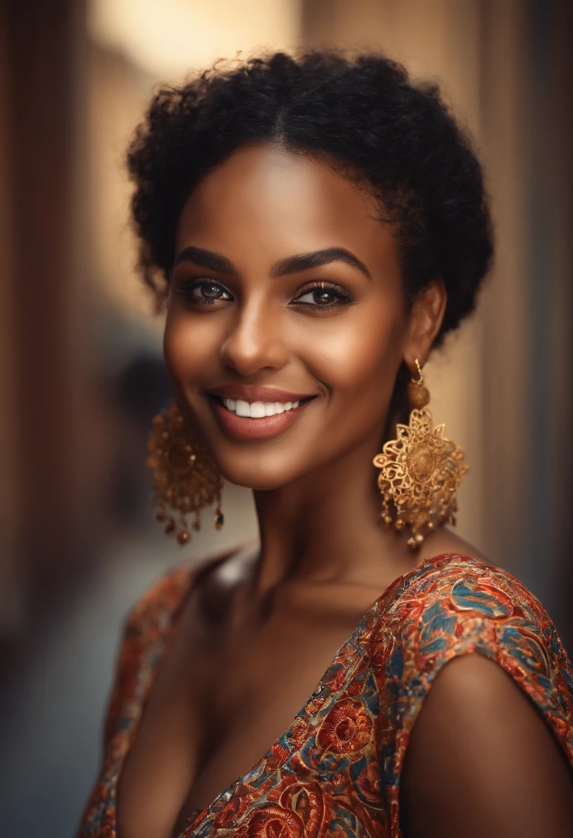 Oumy,diop,dark skin,beautiful eyes,beautiful lips,smiling face,curly hair,[portrait],vibrant colors,studio lighting,high contrast,happy,confident,golden earrings,trendy clothes,London background,clean background,medium:[oil painting],detailed brushstrokes,best quality,ultra-detailed,HDR,sharp focus,expressive eyes,soft skin tones,warm tone,lovely atmosphere