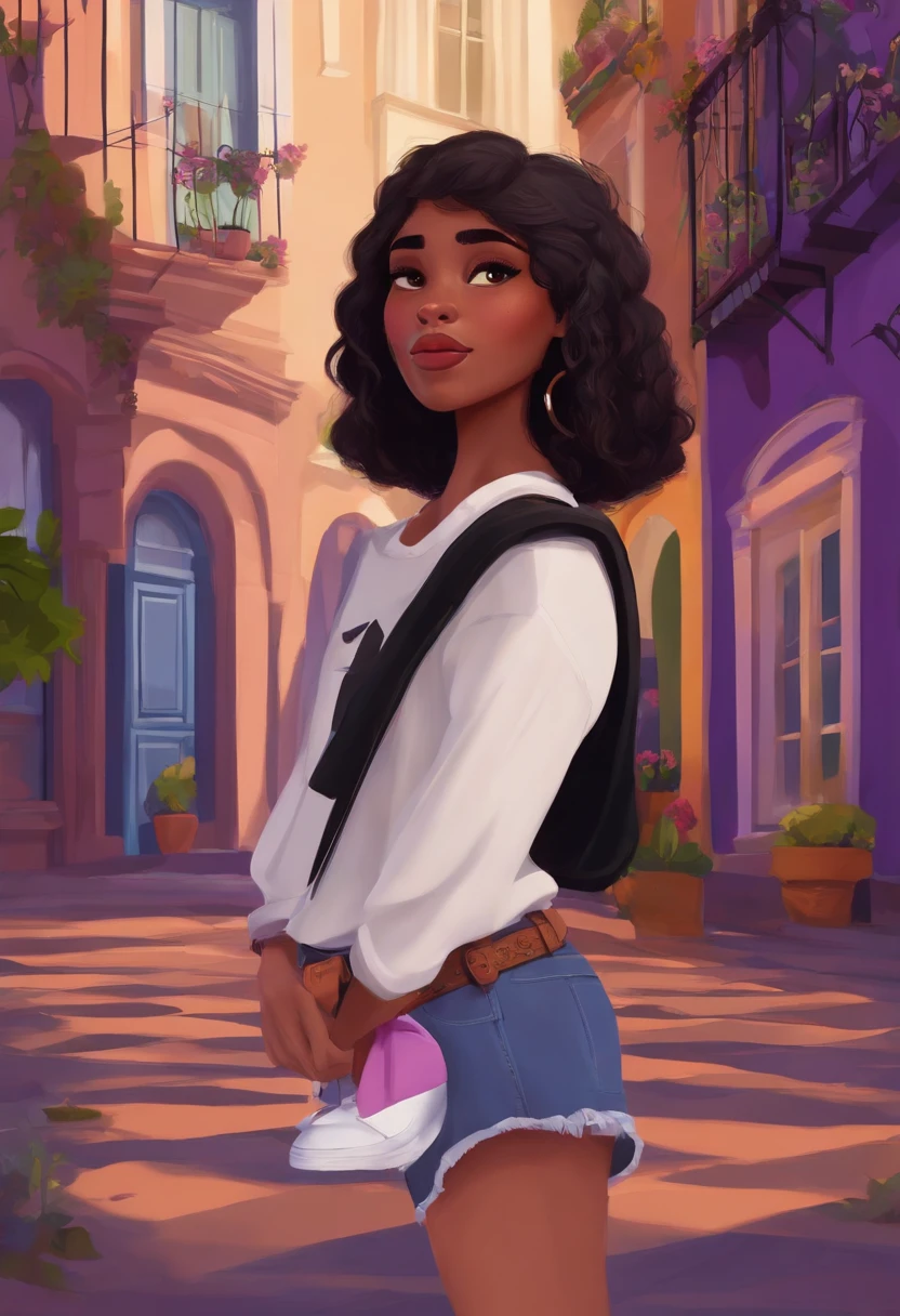 crie um banner no estilo Pixar. Um menina branca, cabelo preto longo com franja, mas jovem, usando uma blusa lilas curta com babados , Wearing short jeans and wearing a white all-star sneaker