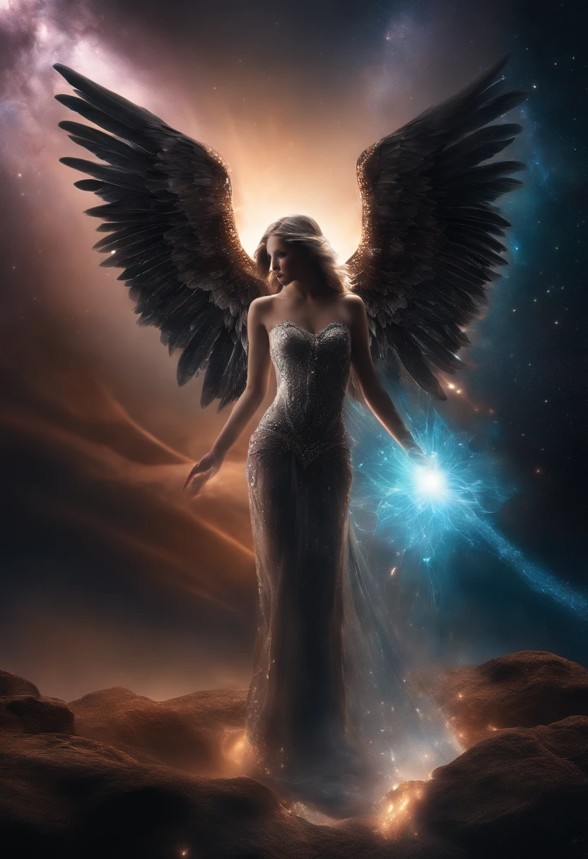 cosmic fallen angel, olhos claros brilhantes, Biomechanicals, estranho, assustador, Pesadelo, cores muito brilhantes, light particles, com luz brilhante, Mshiff, Arte do papel de parede, Papel de parede UHD
