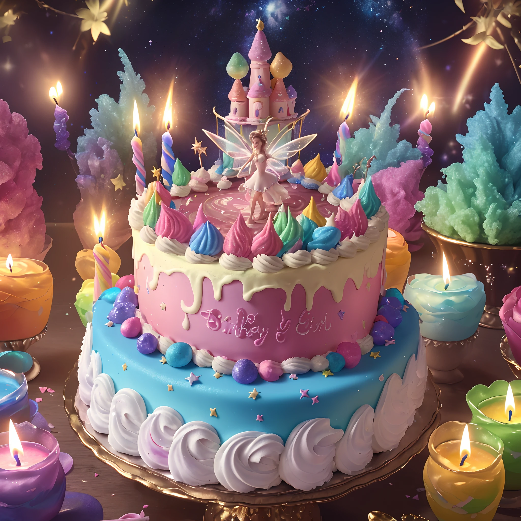 Beautiful 8K Ultra HD professional photos, Sharp focus, In a stunning fantasy starry world,Fairies are dancing in the sky,A birthday cake filled with gems falls from the sky,A huge cake,It has candles and confetti on it, Huge birthday cake, with sparkling gems on top,isometry,icecream,Confectionery,Beautiful rainbow cake,