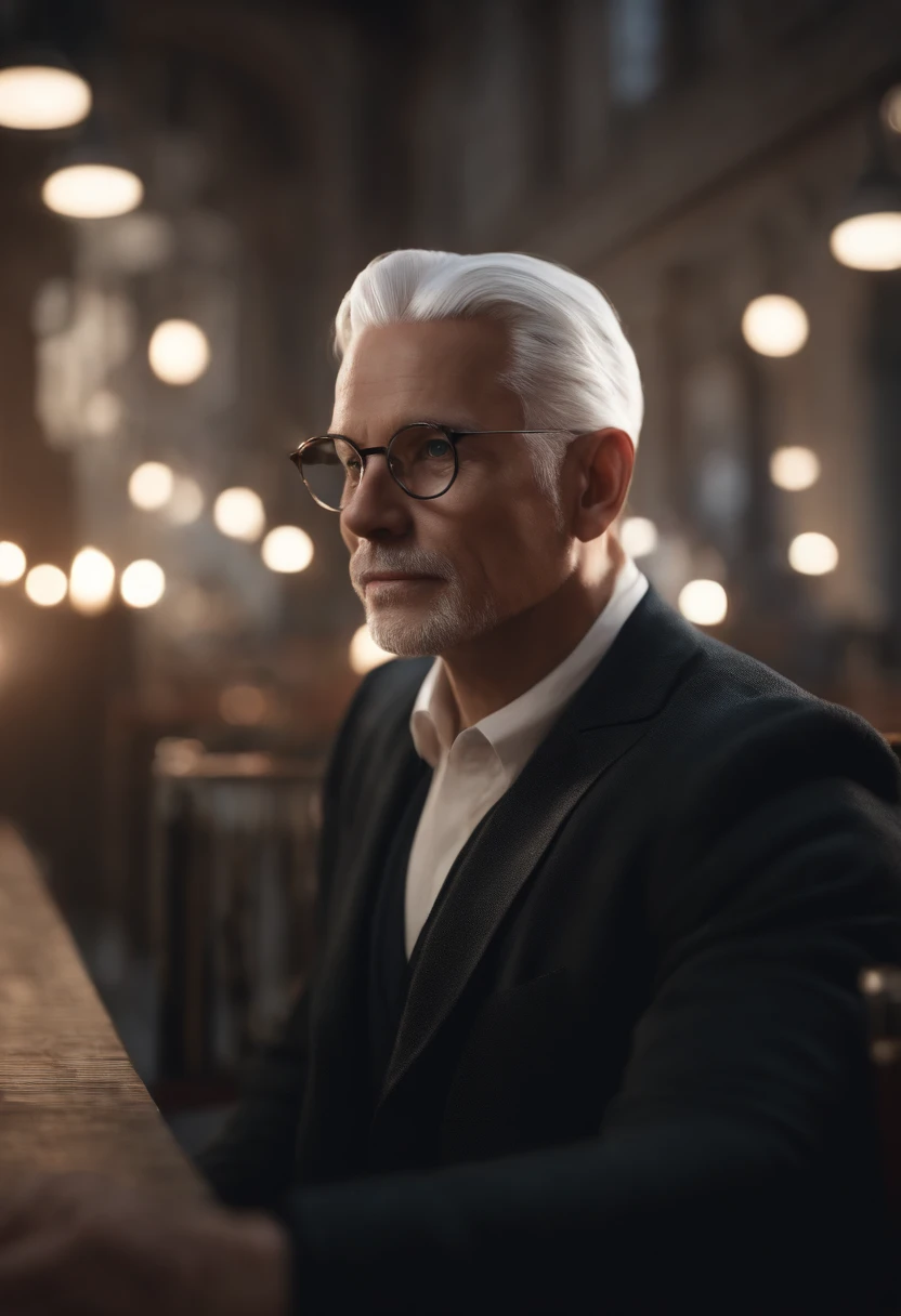 Cartoon style German man with white hair, jovem, usando oculos preto, cabelo moicano, Cinematic lighting, Unreal Engine 5, Cinematic, Color Grading, Editorial Photography, Photography, Photoshoot, Shot on 70mm lense, Depth of Field, DOF, Tilt Blur, Shutter Speed 1/1000, F/22, White Balance, 32k, Super-Resolution, Megapixel, ProPhoto RGB, VR, tall, epic, artgerm, alex ross, Halfrear Lighting, Backlight, Natural Lighting, Incandescent, Optical Fiber, Moody Lighting, Cinematic Lighting, Studio Lighting, Soft Lighting, Volumetric, Contre-Jour, dark Lighting, Accent Lighting, Global Illumination, Screen Space Global Illumination, Ray Tracing Global Illumination, Red Rim light, cool color grading 45%, Optics, Scattering, Glowing, Shadows, Rough, Shimmering, Ray Tracing Reflections, Lumen Reflections, Screen Space Reflections, Diffraction Grading, Chromatic Aberration, GB Displacement, Scan Lines, Ray Traced, Ray Tracing Ambient Occlusion, Anti-Aliasing, FKAA, TXAA, RTX, SSAO, Shaders, OpenGL-Shaders, GLSL-Shaders, Post Processing, Post-Production, Cel Shading, Tone Mapping, CGI, VFX, SFX, insanely detailed and intricate, hypermaximalist, elegant, hyper realistic, super detailed, dynamic pose, centered, photography