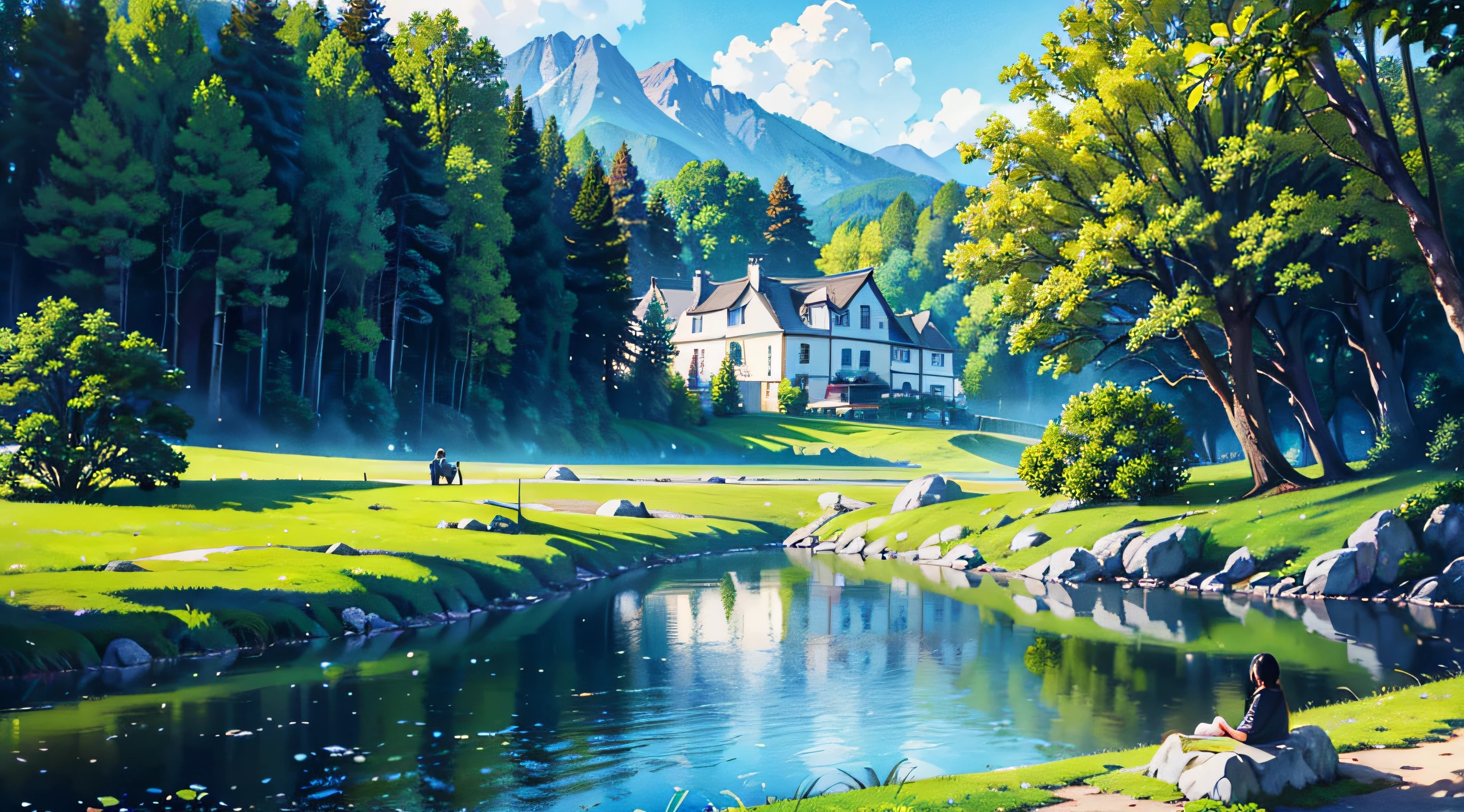 (a house by the river), oil painting, peaceful atmosphere, warm sunlight, lush green trees, sparkling water, reflection of the house in the river, specific brushstroke, vivid colors, realistic rendering, tranquil scenery, peculiar view, calm and serene, impressionistic style, soft and gentle brushstrokes, harmonious composition, natural beauty, relaxing atmosphere, idyllic landscape, cozy and inviting, clear and clean blue sky, distant mountains, enchanting countryside, warm and inviting, inviting the viewer to explore, ethereal and dreamlike, capturing the essence of nature, A place to escape, A moment of tranquility, A hidden joy. (best quality,4k,8k,High,masterpiece:1.2),ultra-detailed,(realistic,photorealistic,photorealistic:1.37), HDR, UHD, studio lighting (protagonist sitting by the water's edge with his swords in ground with her beautiful black hair and white clothes and animals from a world of magic around her).