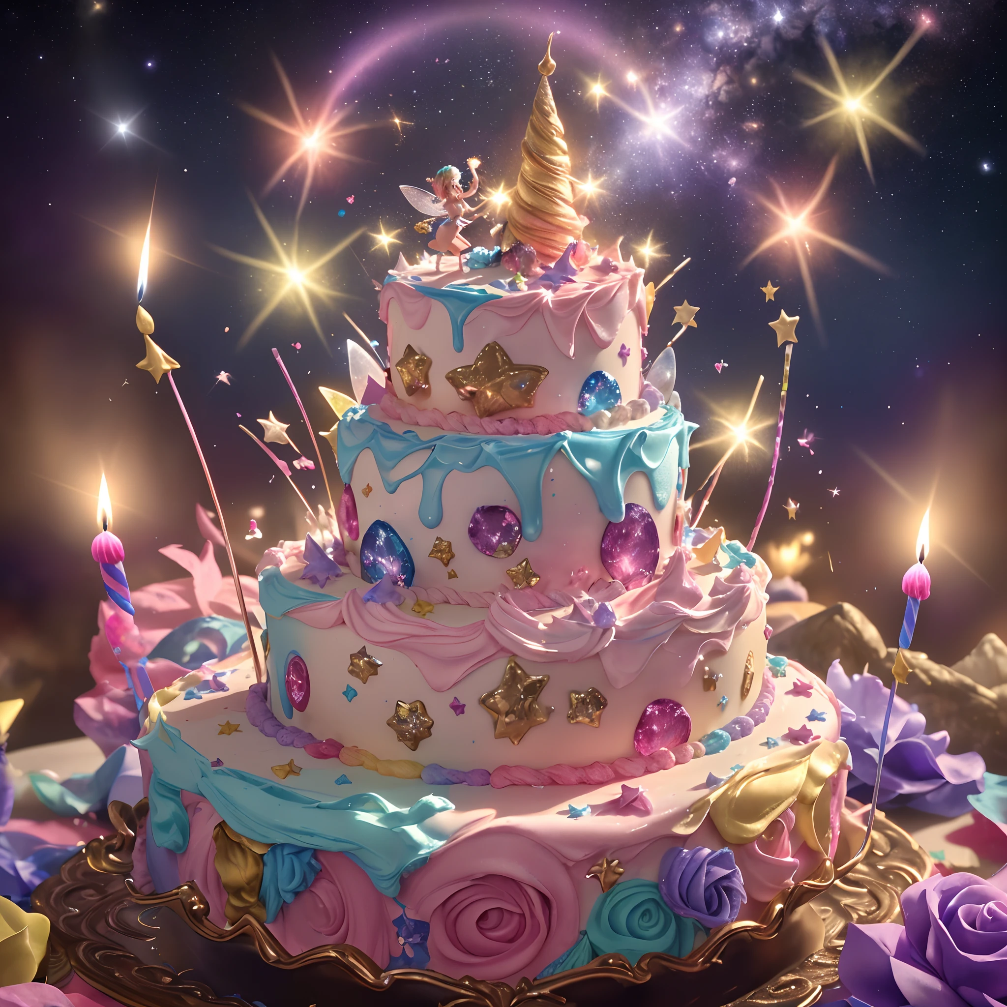Beautiful 8K Ultra HD professional photos, Sharp focus, In a stunning fantasy starry world,Fairies are dancing in the sky,A birthday cake filled with gems falls from the sky,A huge cake,It has candles and confetti on it, Huge birthday cake, with sparkling gems on top,isometry,icecream,Confectionery,Beautiful rainbow cake,
