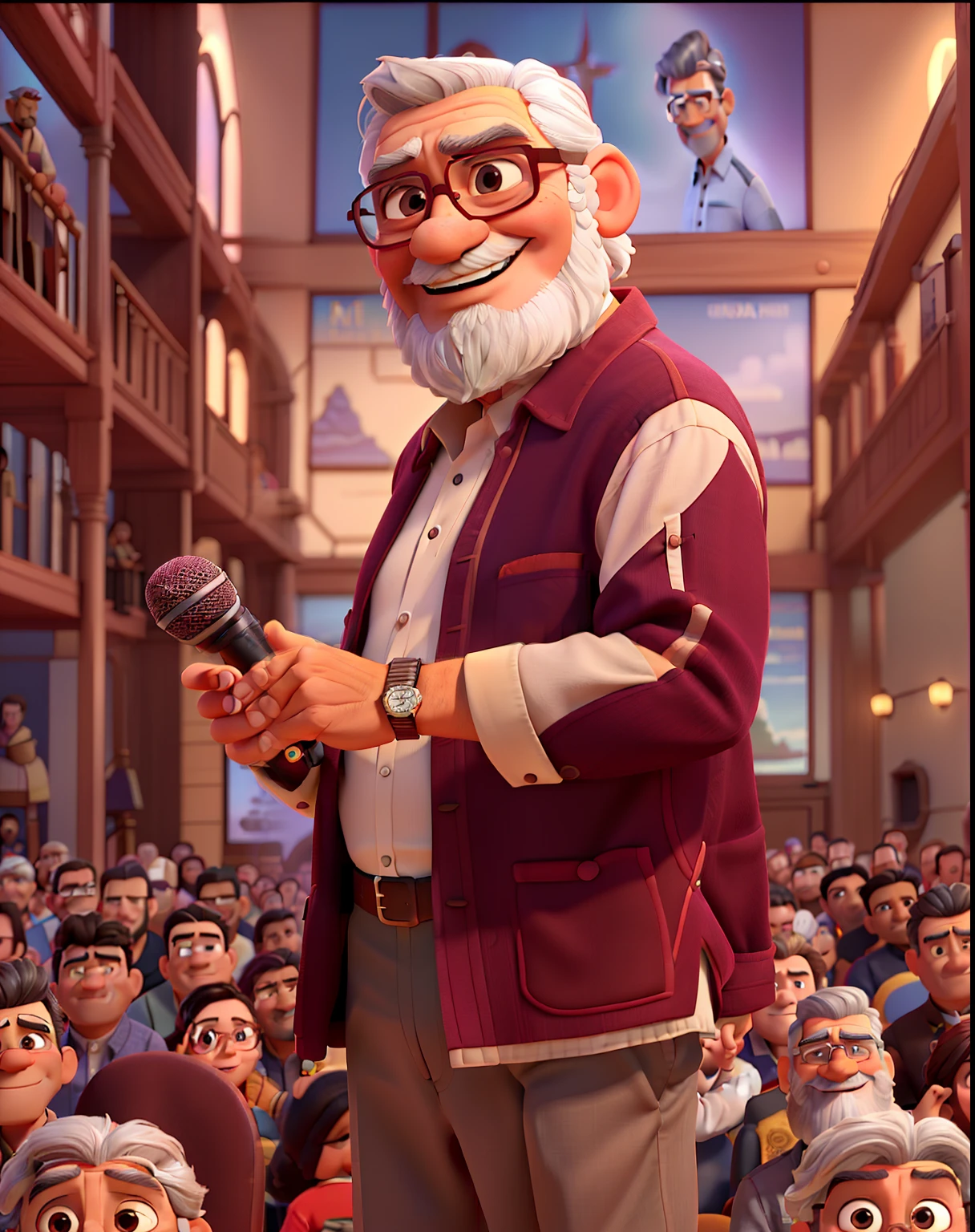 A 3D movie poster in Disney-Pixar style of (a pastor, at 63 years old, a man with graying hair and beard, with Indian skin, fine features, wearing a burgundy dress shirt, holding a microphone with a smile on his face, surrounded by many people)