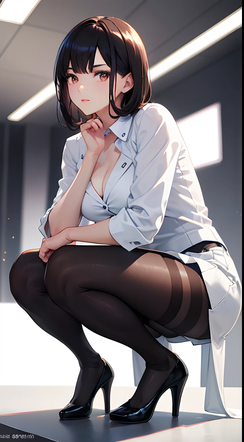 1 flight attendant, 独奏, , White high heels, White transparent skinny shirt, white mini-skirt, masterpiece, Best quality at best, realisticlying, ultra - detailed, (shiny skins, perspired:1.4), absurderes, looking at viewert, with short black hair, with brown eye,Slender,Dynamic light and shadow,A high resolution,Sharp focus,depth of fields,The eyes are delicate,Sharp pupils,pupil realistic,(Rounded chest),(Long legs:1.4),Planes,squatting pose,black pantyhoses,cleanness,stocklings,blackstockings,cropped shoulders,Toes,