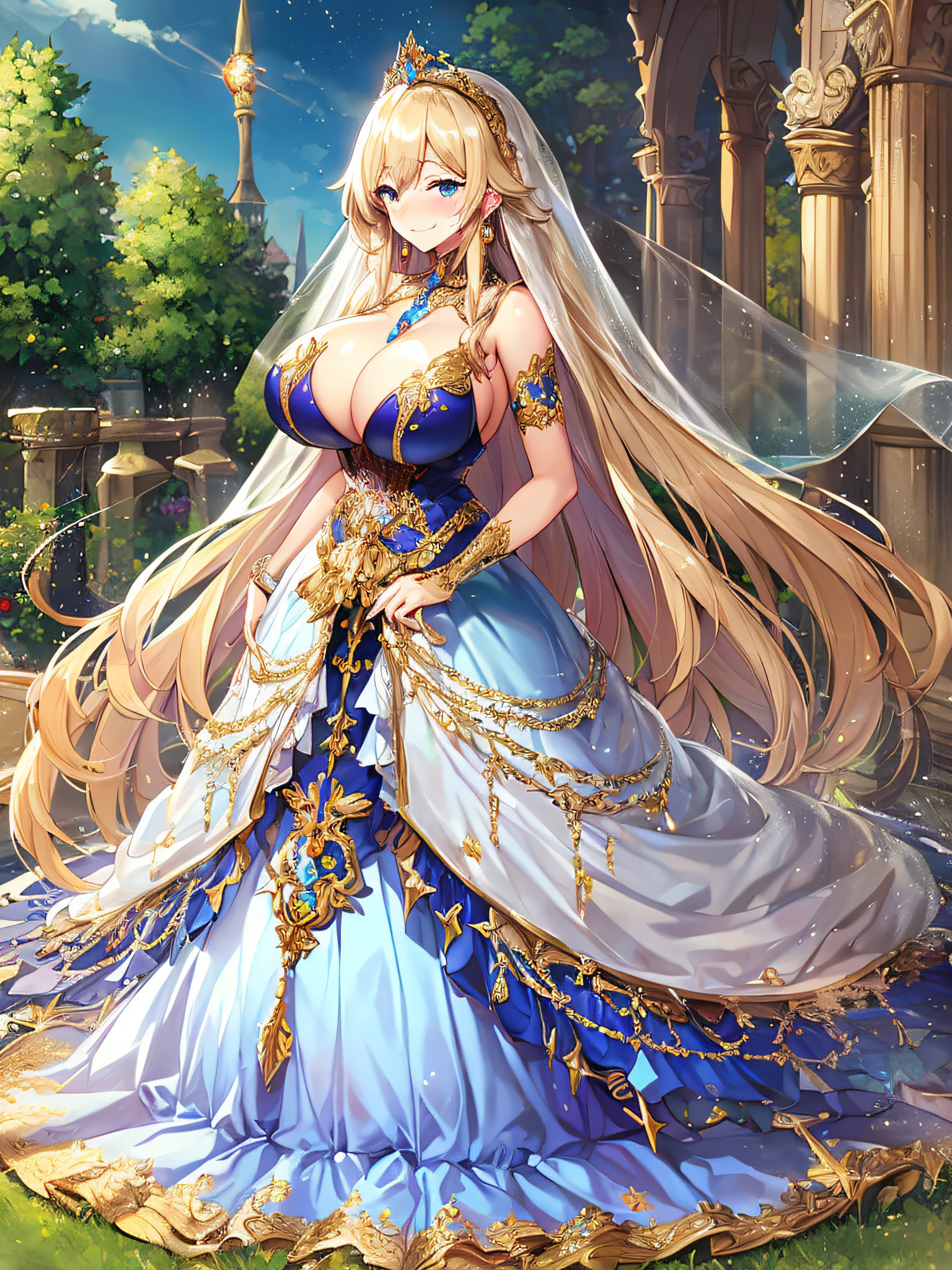 ((Anime Art Style)),(masutepiece),(Best Quality), (Super Detail),((Very delicate and beautiful)),((Full body portrait)),((Stand in the garden)),((Solo)),(((One princess in Gorgeous embroidery and jeweled very gorgeous Cinderella ballgown with voluminous full length hoop skirt))),(Crinoline),Long Train,(((very very gigantic boobs,Skindentation))),((large amount of straight hair,extremely voluminous Hair,Very Long Straight Hair)),(finely detailed face and eyes),((Seductive smile,embarrassed)),extremely gorgeousfull hair ornament,very gorgeous tiara adorned with bling-bling jewels,Glitter Gorgeous Gemstone Jewelry,Gorgeous Long Veil,opera gloves,(Beautiful background),(Full body),((Gorgeous embroidery and jeweled gorgeous Cinderella ballgown with voluminous full length hoop skirt)),
