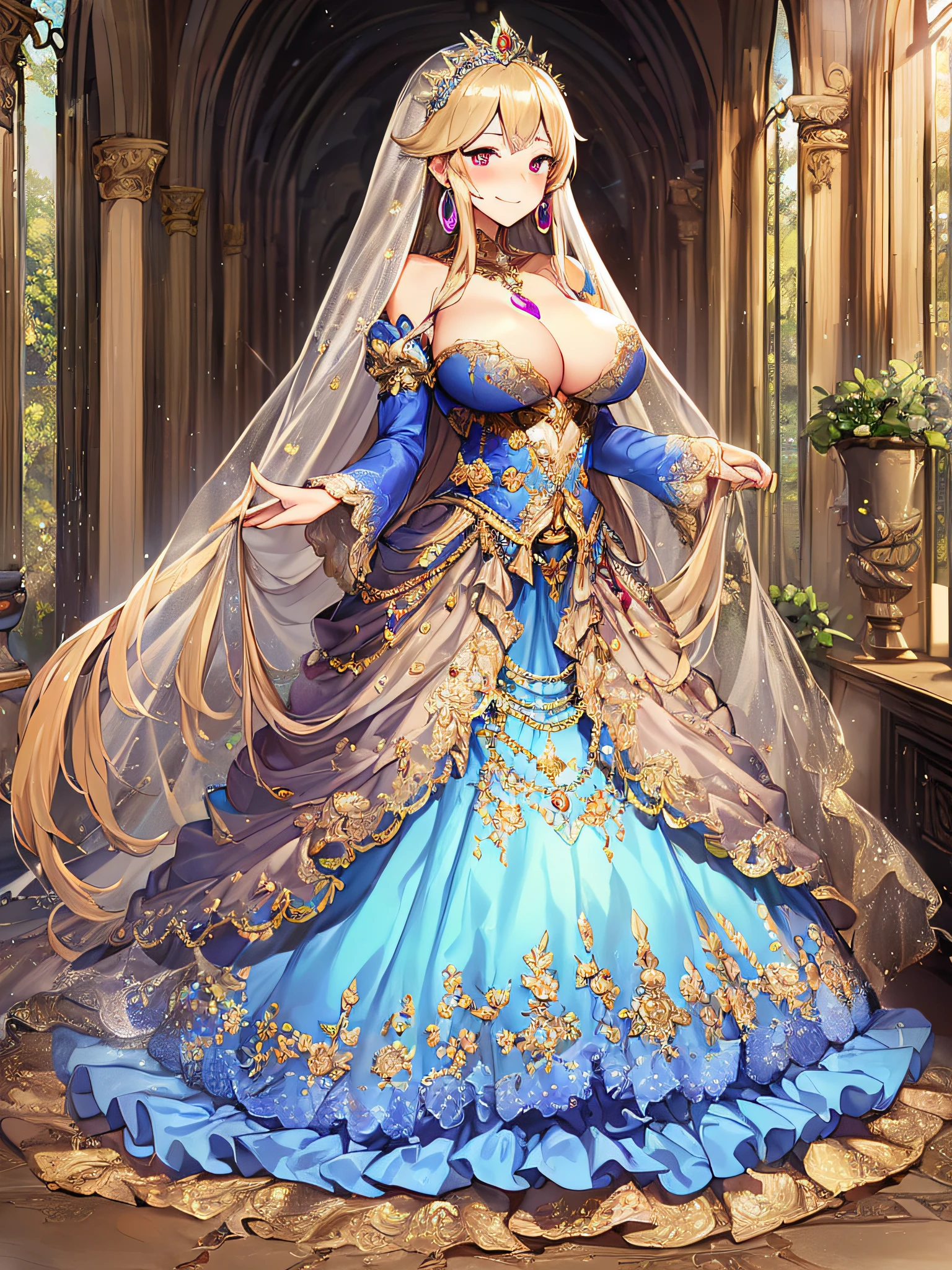 ((Anime Art Style)),(masutepiece),(Best Quality), (Super Detail),((Very delicate and beautiful)),((Full body portrait)),((Stand in the garden)),((Solo)),(((One princess in Gorgeous embroidery and jeweled very gorgeous Cinderella ballgown with voluminous full length hoop skirt))),(Crinoline),Long Train,(((very very gigantic boobs,Skindentation))),((large amount of straight hair,extremely voluminous Hair,Very Long Straight Hair)),(finely detailed face and eyes),((Seductive smile,embarrassed)),extremely gorgeousfull hair ornament,very gorgeous tiara adorned with bling-bling jewels,Glitter Gorgeous Gemstone Jewelry,Gorgeous Long Veil,opera gloves,(Beautiful background),(Full body),((Gorgeous embroidery and jeweled gorgeous Cinderella ballgown with voluminous full length hoop skirt)),