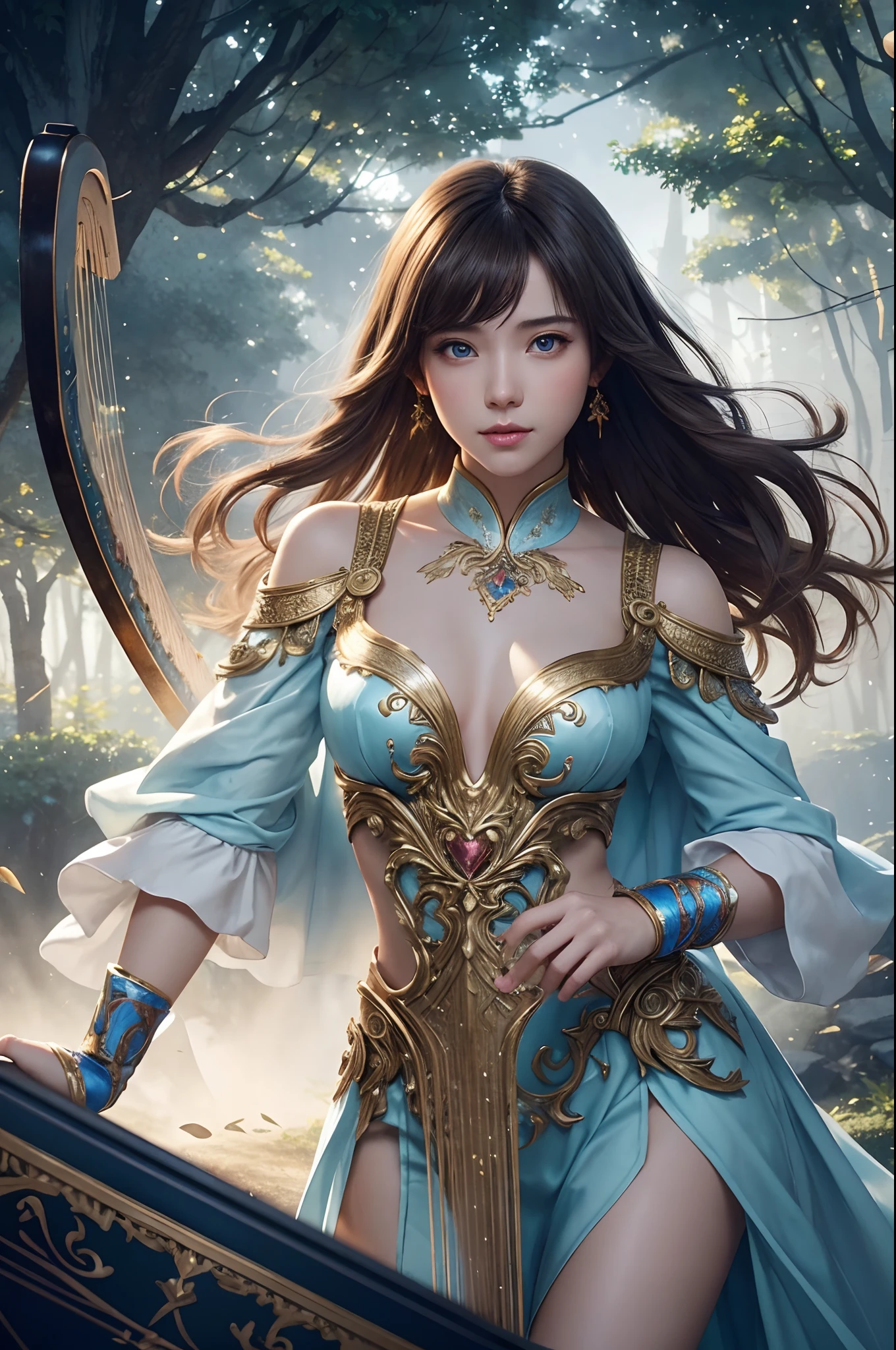 hightquality、8K Ultra HD、fullllbody、A -yeld fee harpist is playing the harp、robe blanche、light brown hair、Blue eyes、(There is a nice healing forest in the background)、cute little、Beautiful fece、portlate、Morning Spectacle、birdie、art by:Alberto Seveso、Symmetrical、Abstract art style、Complex and intricate watercolor painting 、digitial painting、explosion of colors、concept-art、Volumetric lighting、TanvirTamim、metal reflective、2d render、8K。 by artgerm、Trending on ArtStation