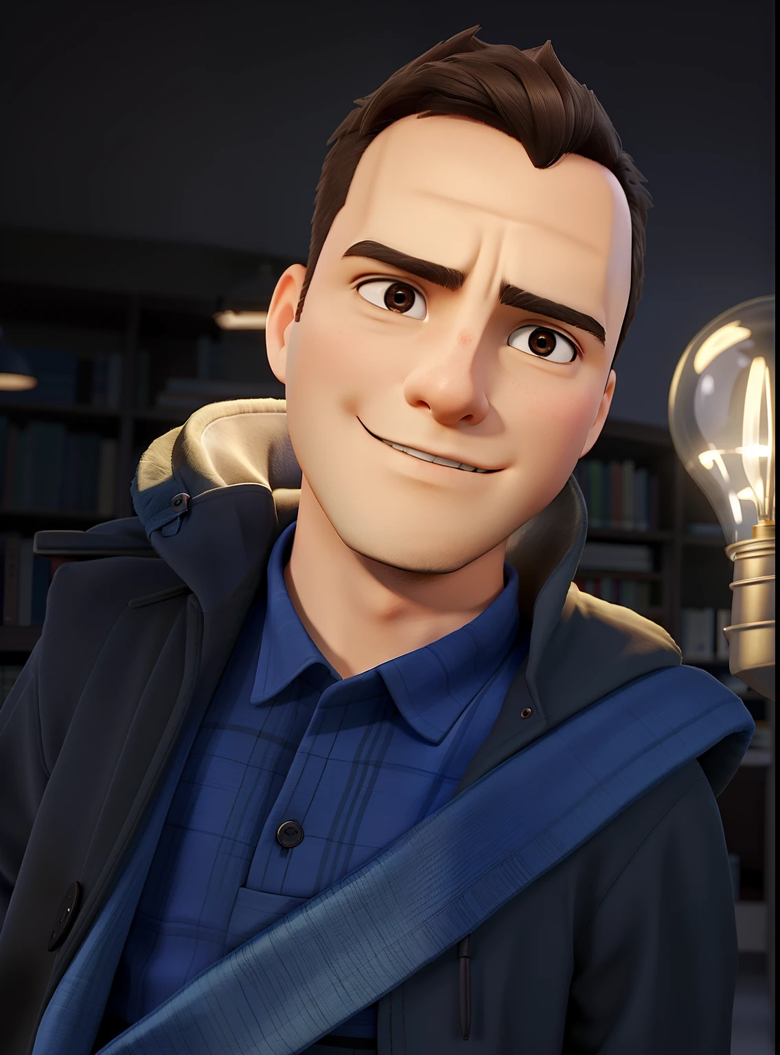 A wise young man standing in front, illuminated by the light of a lamp, contra o pano de fundo de uma biblioteca