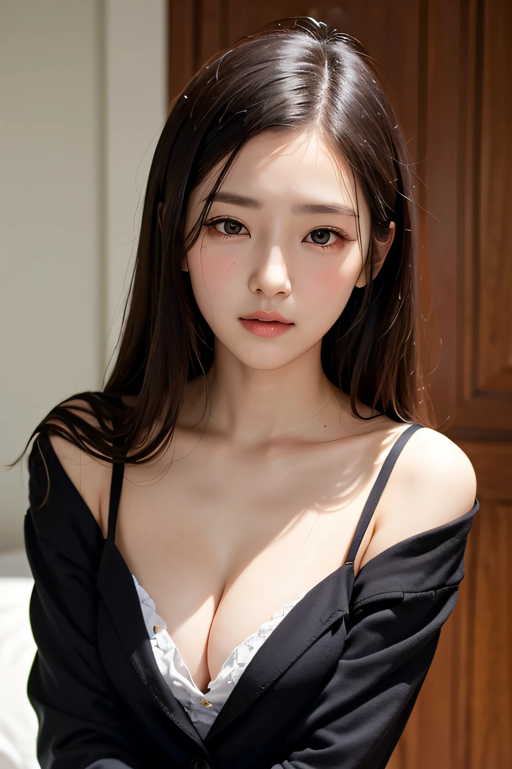 Gentle and beautiful woman, half body photo, Delicate and sexy collarbone, charming oval face, Double eyelids, Smart peach blossom eyes, Pink lips, small nose, Bare shoulders, Focused face, Face Close-up, The ultra -The high-definition, Super Details, elegant standing, Black British College Style、Double-breasted jacket、Small Suit Jacket, Pair with a black pleated skirt suit、Dynamic Pose、Bright lighting