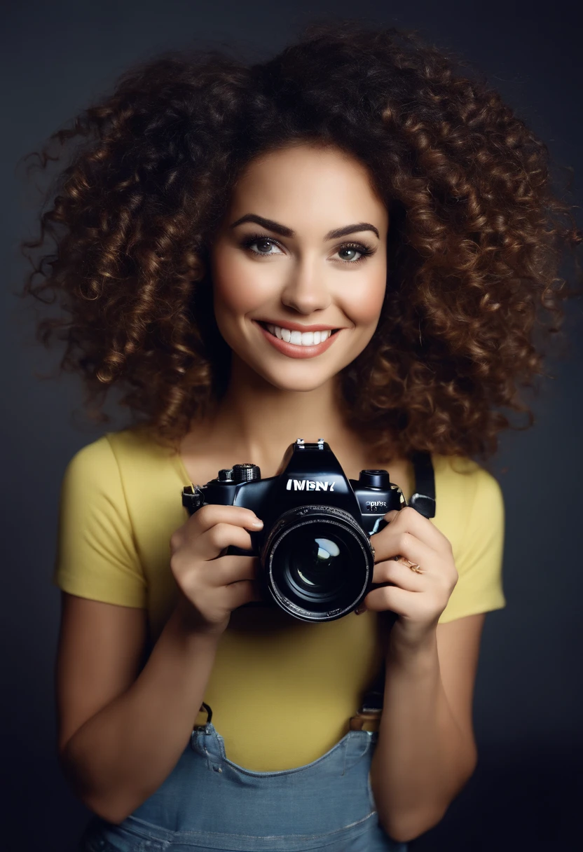 Imagem estilo Pixar, Brunette woman with curly hair with highlights blue tips holding a camera, Maquiagem Disney, sorridente com covinhas no sorriso ,Close-up, Pixar, Disney, Cinema lighting, In your photo studio with lights, Tripods & Computer