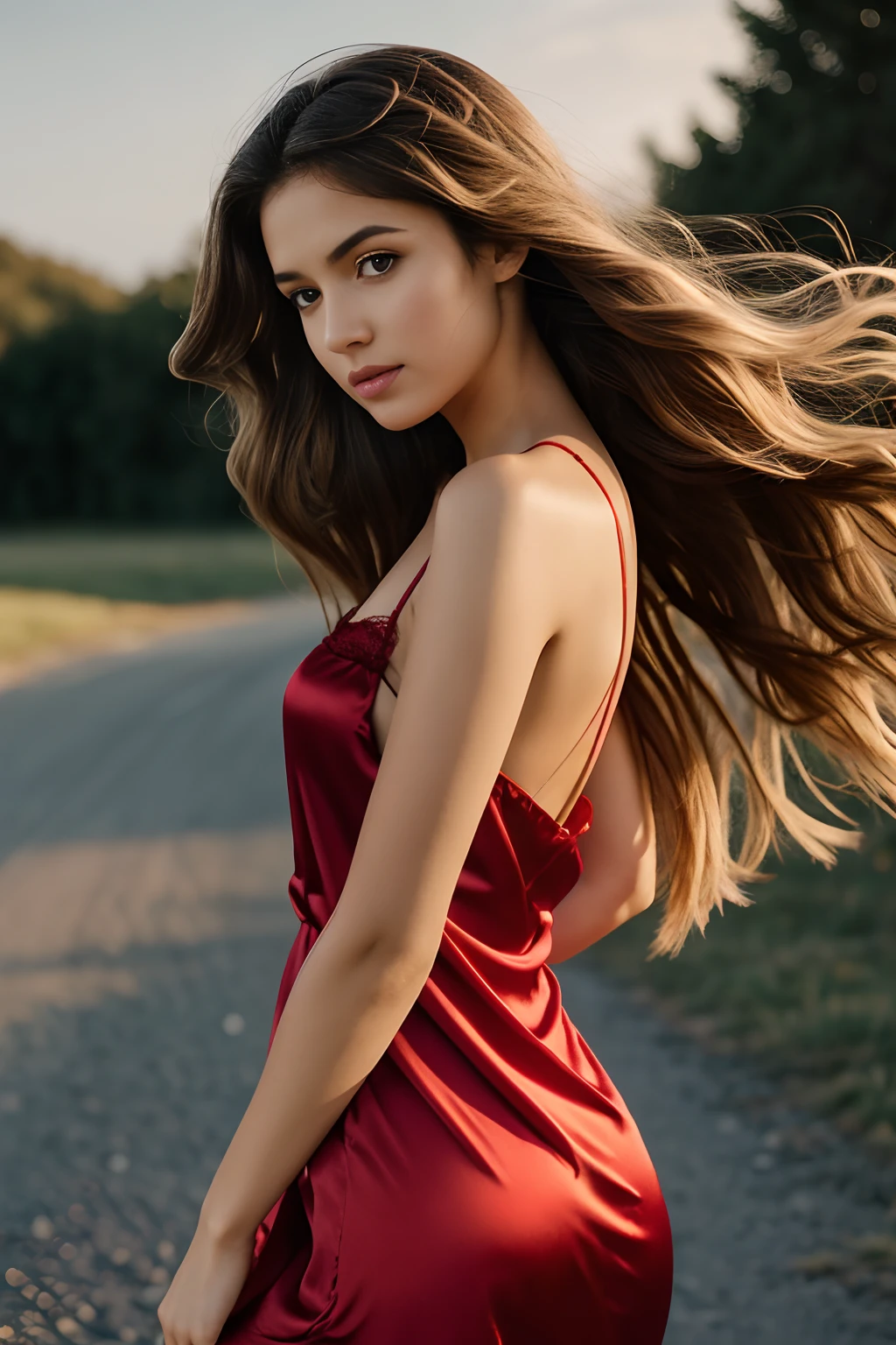 1girl in, 19 years, soli, long wavy hair, Disheveled hair blowing in the wind, hair light, body complet, Colossal, (extremely detailed 8K wallpaper), soft-lighting, hiquality, film grains, Fujifilm XT3 sharp focus, f 5.6, 50 mm, high detail, sharp focus,(natural light), (seductive), nightgown, Red silk dress, skimpy, realisitic, Sexual