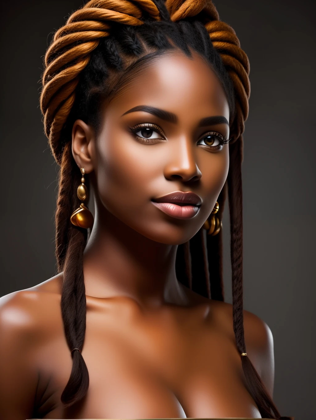 Un retrato exquisito de una mujer., ((deep ebony skin, con una tez africana bronceada)), ((desnudo)), Features round tits captured in stunning resolution ((8K)) and raw formatting to preserve the highest quality of details. ella esta completamente desnuda, con redondo, tetas duras, ((red lipstick stained lips)), y una sonrisa seductora. La belleza de la mujer es innegable., su rostro domina el encuadre en un primer plano que revela los intrincados detalles de sus ojos. Her long eyelashes frame the captivating inner depth.. The photograph is taken with a lens that emphasizes the defiance of her naked body... Su pelo afro rojo, combed back