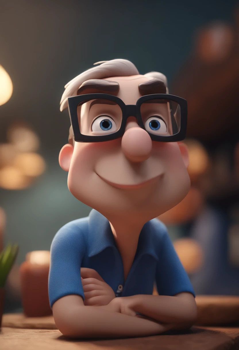 Cartoon character of a man with black glasses and a blue shirt, animation character, Caractere estilizado, animation style rendering, 3D estilizado, Arnold Maya render, 3 d render stylized, toon render keyshot, Personagem 3D, Personagem 3D, 3d rendering stylized, 3 d character render, personagem de desenho animado, Personagem de close up, Pose de personagem, (Estilo Pixar) (master part:1.2) (Bokeh) (best quality) (pele detalhada) (textura detalhada) (8k) (argila) (Cinematic lighting) (foco nítido