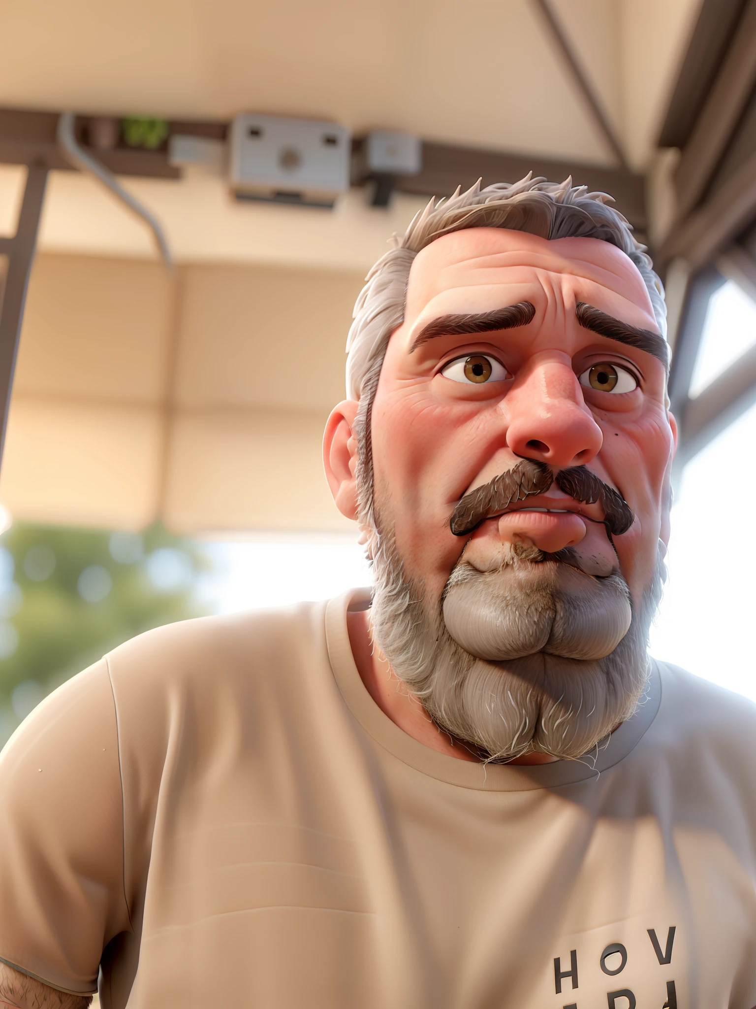40-year-old man with shaved hair and gray beard looking thoughtfully at the horizon.