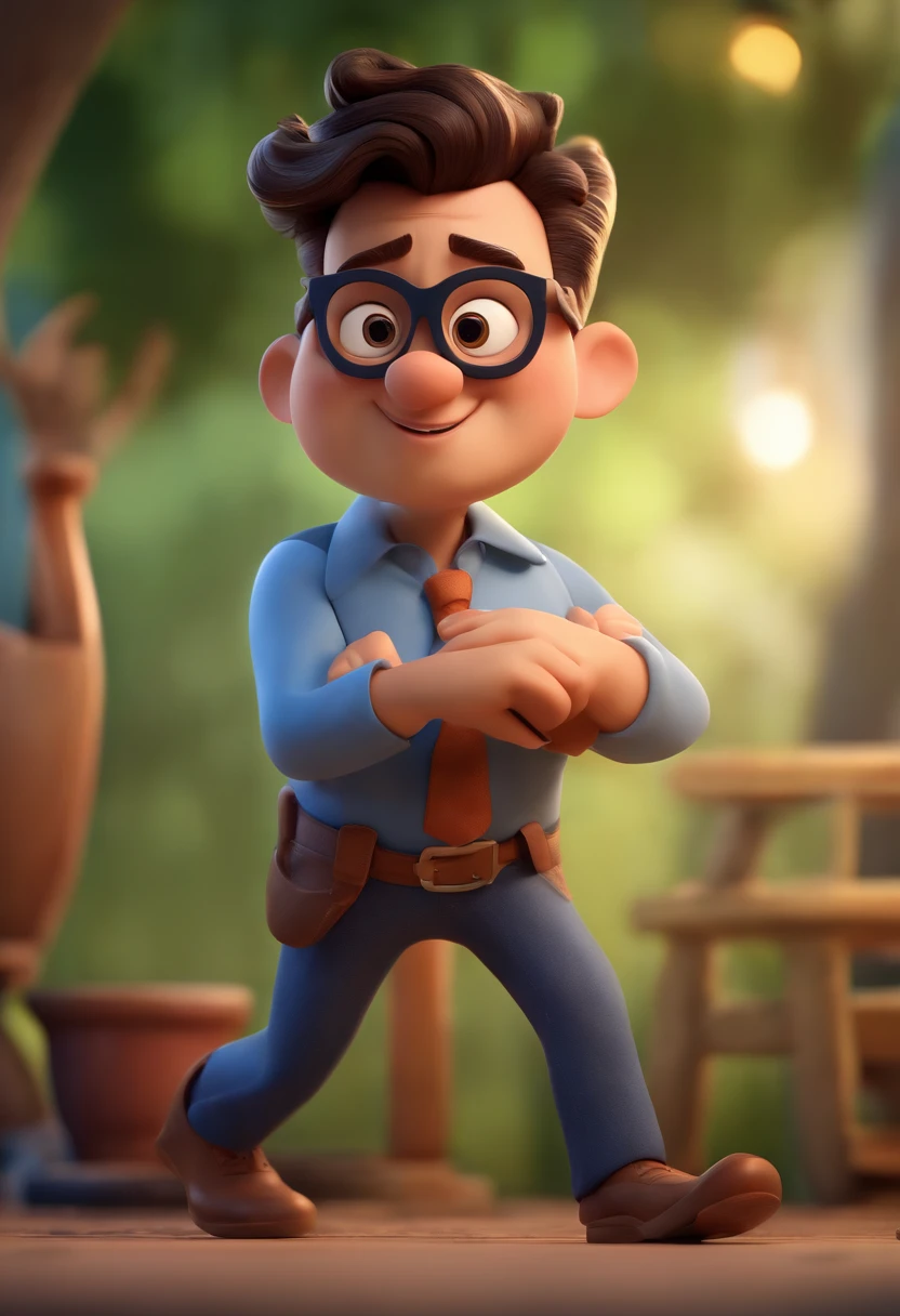 Cartoon character of a man wearing black glasses and a blue shirt, um personagem animado, Caractere estilizado, animation style rendering, 3D estilizado, Arnold Maya render, 3 d render stylized, toon render keyshot, Personagem 3D, Personagem 3D, 3d rendering stylized, 3 d character render, personagem de desenho animado, Personagem de close up, Pose de personagem, (Estilo Pixar) (master part:1.2) (Bokeh) (best quality) (pele detalhada) (textura detalhada) (8k) (argila) (Cinematic lighting) (foco nítido,Senta e vaza a parte superior do corpo