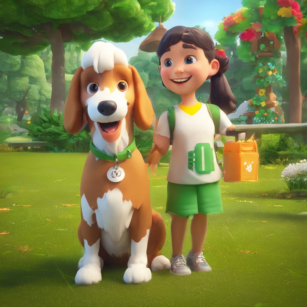 Giovanna is a smiling 9--old an girl, com seu fiel amigo, LUCK, o cachorro poodle branco deitados no jardim