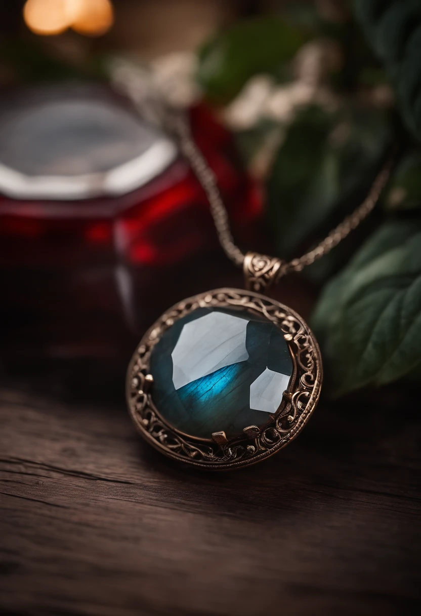 On the table is placed a Ruby necklace with a unique design made of natural labradorite,(choker necklace),4k高清,(Real Photographics),Masterpiece, Best quality