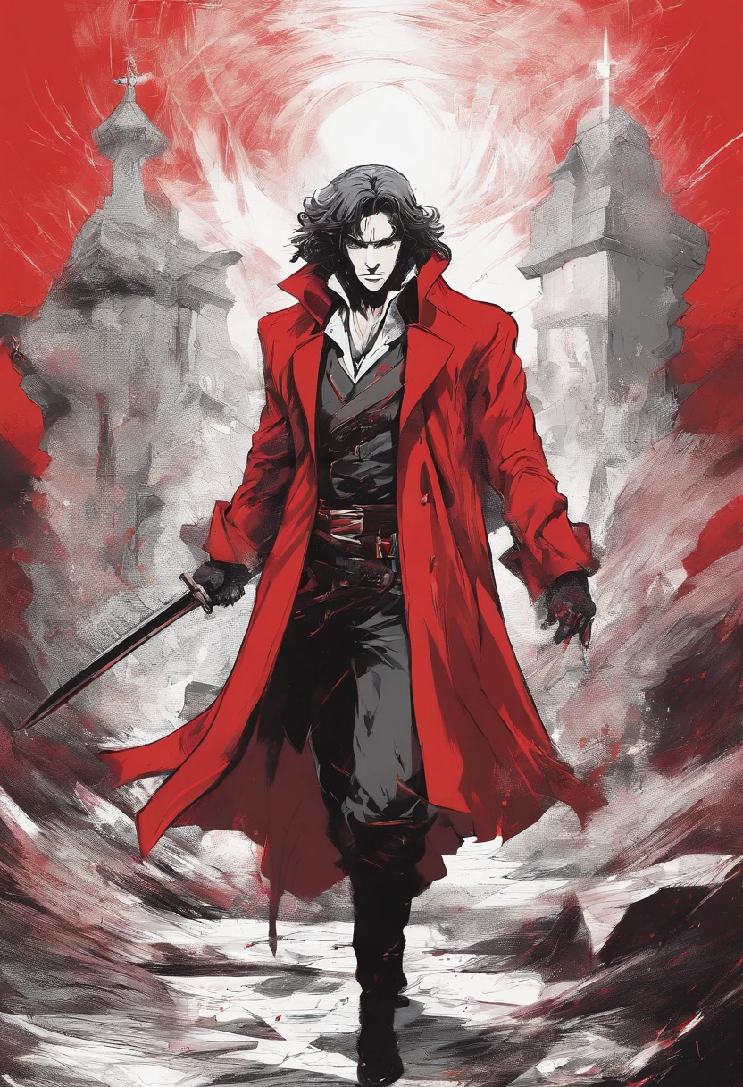 Anime - Style painting of a man in a red coat with a sword in his hand, Piromancer, Pintura abstrata do homem em chamas, O Homem de Areia da Graphic Novel, Alucard, Directed by: Tyler Jacobson, mistborn, mago de fogo, foto do perfil, badass anime 8 k, Retrato de um feiticeiro vermelho, a sorcerer casting a fireball