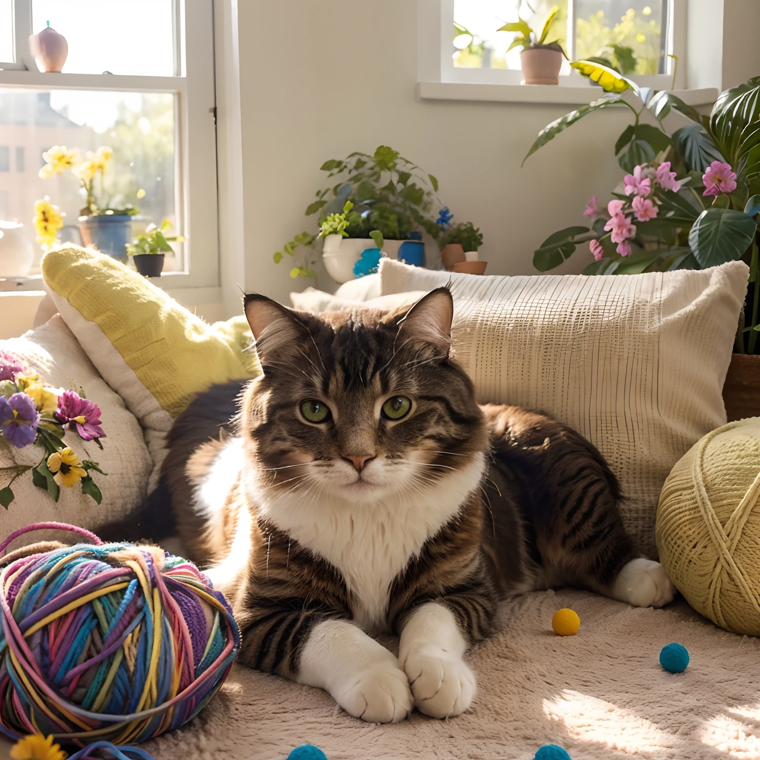 (bright colors),(best quality) a cute fluffy cat, (realistic,photorealistic) detailed fur, (playful) a cat playing with a ball of yarn, (relaxed) lying on a cozy pillow, (vibrant colors) surrounded by vibrant flowers and plants, (soft lighting) sunlight shining through the window, (bokeh) soft bokeh effect in the background.