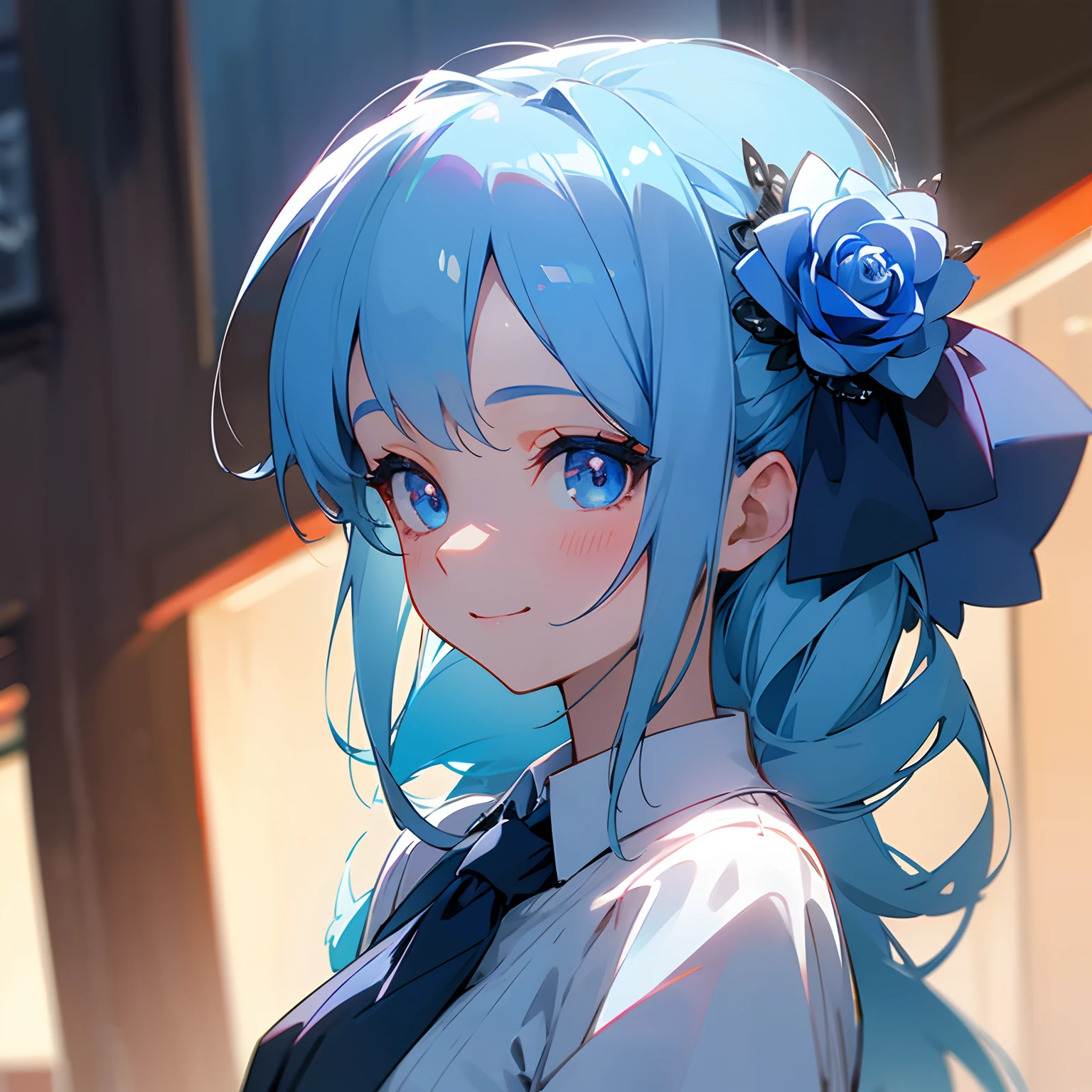 blue rose girl, fully covered, rose on hair, hair accessories, business casual, smart casual, blue hair, hd, ultra quality, pleasant face, mild smile, long shot, wide shot, wide angle, looking away, detailed eyes, public, street, sunny day.