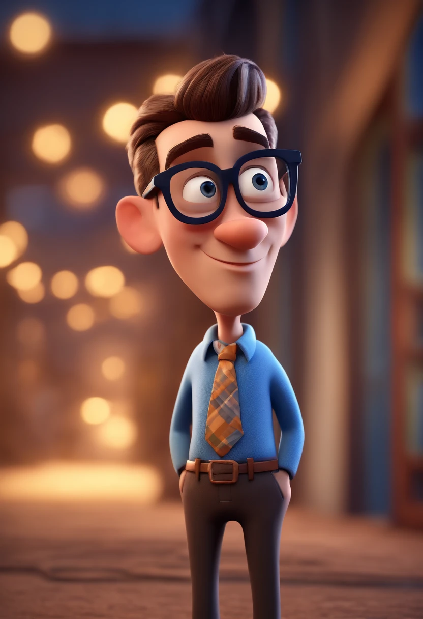 Cartoon character of a man with black glasses and a blue shirt, animation character, Caractere estilizado, animation style rendering, 3D estilizado, Arnold Maya render, 3 d render stylized, toon render keyshot, Personagem 3D, Personagem 3D, 3d rendering stylized, 3 d character render, personagem de desenho animado, Personagem de close up, Pose de personagem,  (Estilo Pixar) (master part:1.2) (Bokeh) (best quality) (pele detalhada) (textura detalhada) (8k) (argila) (Cinematic lighting) (foco nítido