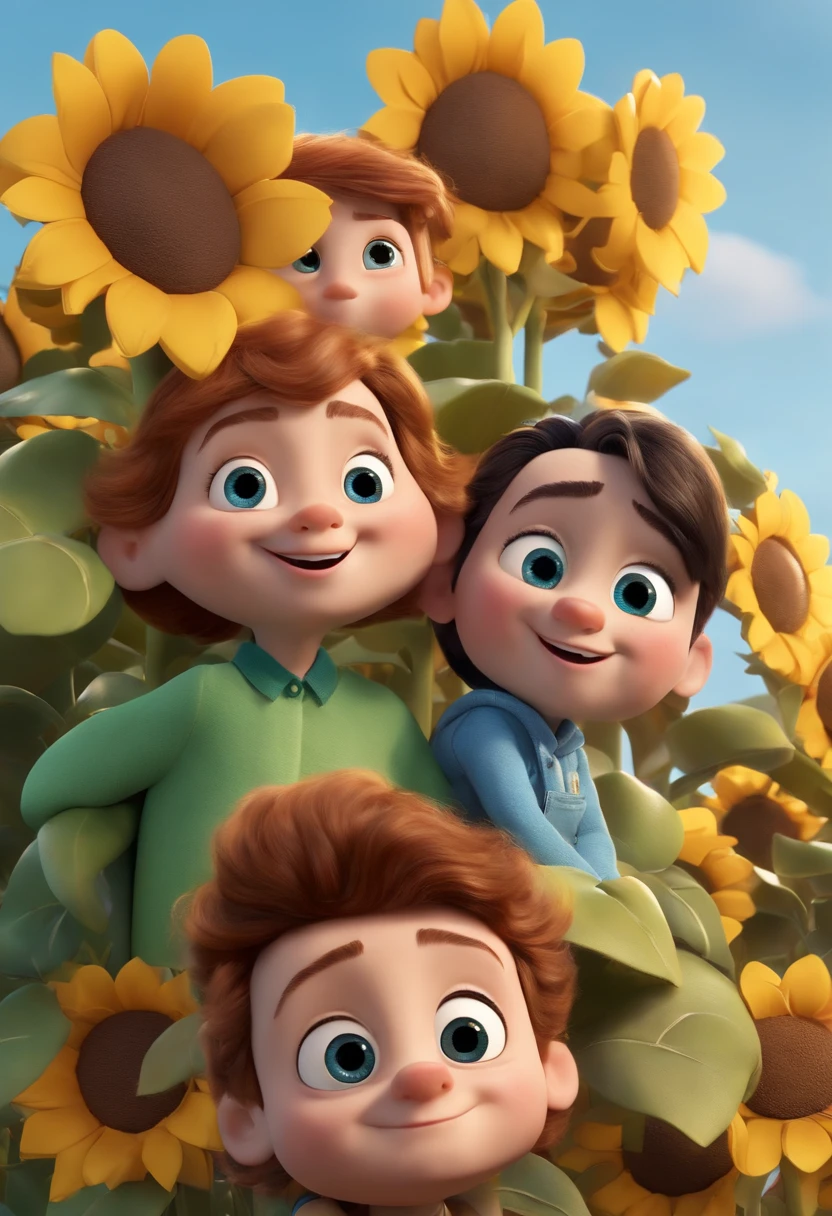 Create a Disney PIXAR-style 3D poster. ((centro da imagem, Triplets)), ((2 children)) ((2 meninos, They're hugging each other, O menino tem pele clara e cabelos loiros escuroe olhos azuis claros, 1 menino tem pele clara, olhos e cabelos castanho claros)) ((tudo isso no estilo Disney PIXAR 3D, In the background, A house of sunflowers, Gloria Studio, The garden is full of nature 3D render RTX clay material, estilo de design cartunesco, POP Mart, soft lighting, linhas suaves, Spring tilt, Detailed illustrations of PIXAR 3D, Detalhes hiper-realistas, cor quente no estilo Disney PIXAR 3D))