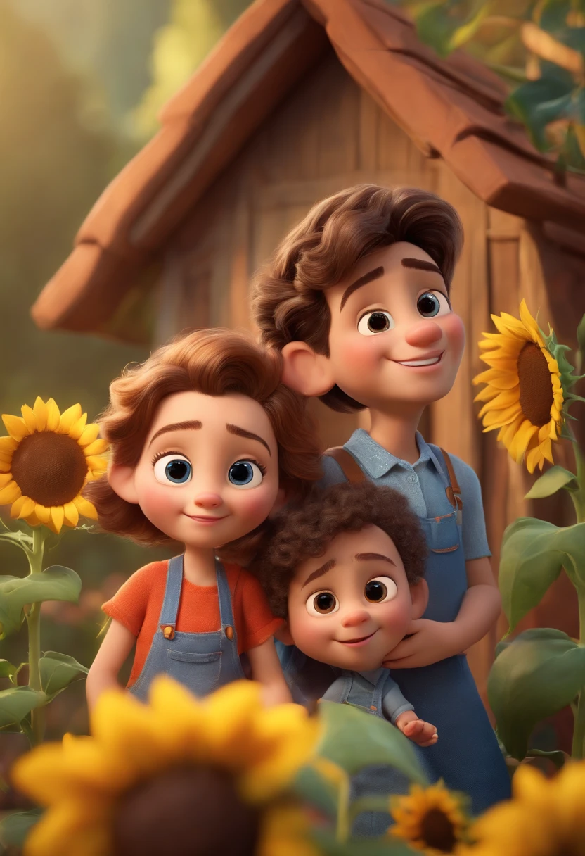 Create a Disney PIXAR-style 3D poster. ((centro da imagem, Triplets)), ((3 children)) ((1 menino no meio e 2 meninas ao lado, They're hugging each other, O menino tem pele castanha e cabelos castanhos escuros e olhos castanhos escuros, 1 menina tem pele clara, olhos e cabelos escuros e cacheados, e a outra menina tem pele morena, olhos escuros e cabelos escuros e lisos)) ((tudo isso no estilo Disney PIXAR 3D, In the background, A house of sunflowers, Gloria Studio, The garden is full of nature 3D render RTX clay material, estilo de design cartunesco, POP Mart, soft lighting, linhas suaves, Spring tilt, Detailed illustrations of PIXAR 3D, Detalhes hiper-realistas, cor quente no estilo Disney PIXAR 3D))