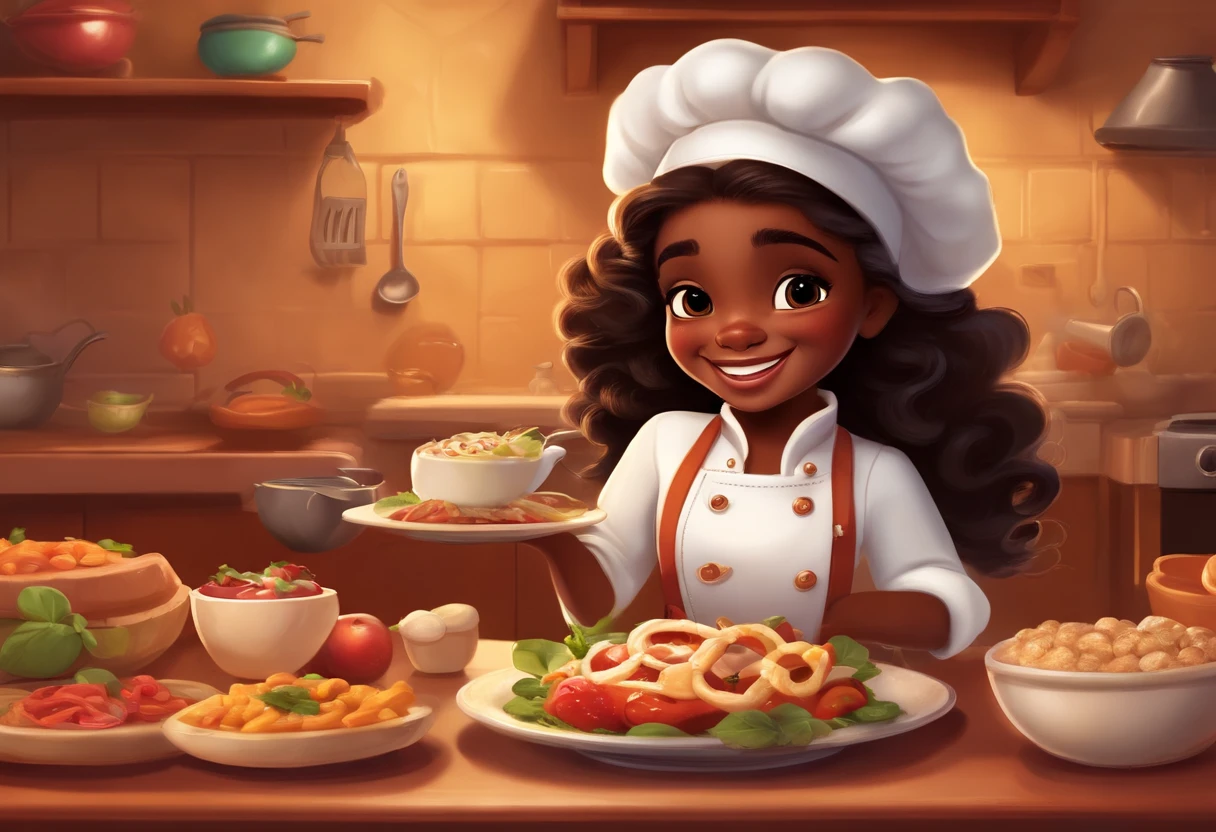 A 6-year-girl,th long, very curly dark brown hair, completely coily hair, dark skin, brown eyes, dressed in a white chef's jacket, black pants, wearing a typical tall white chef's hat, smiles showing a delicious plate of steaming food. disney pixar style image