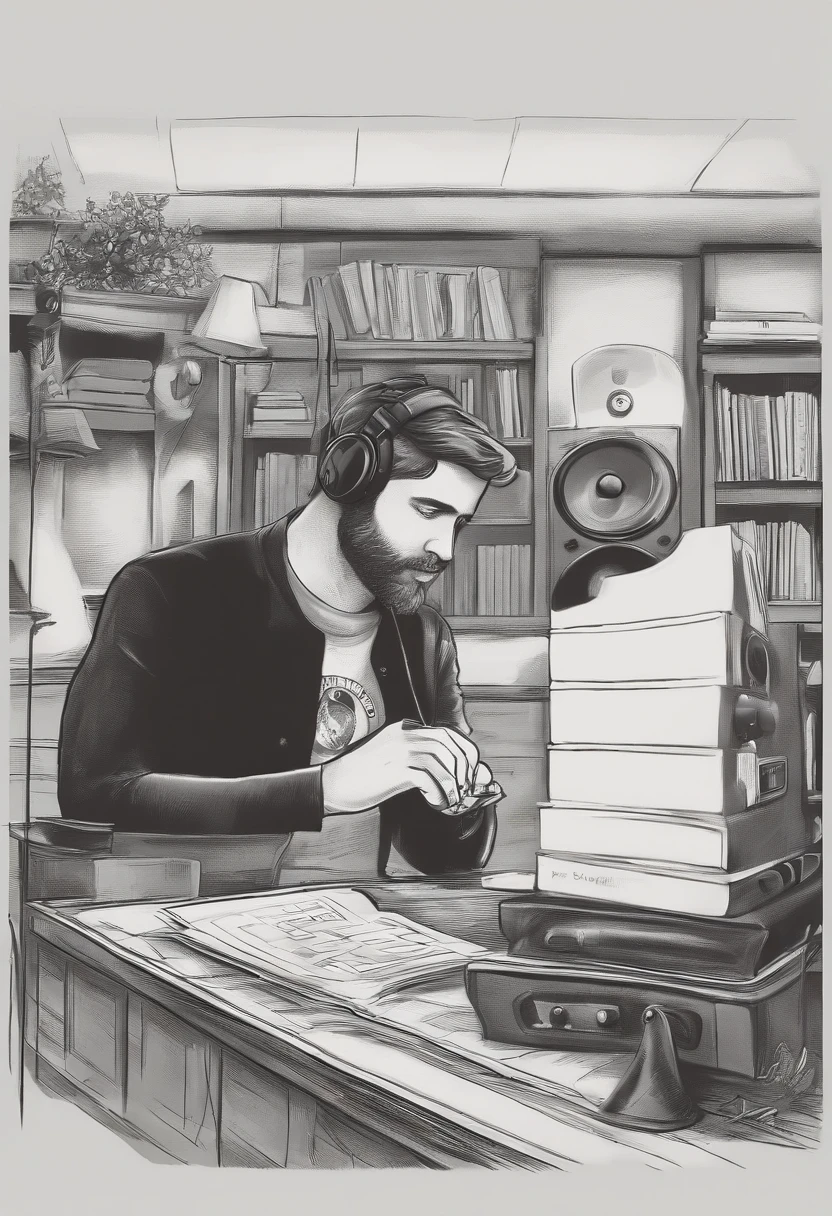um homem, em breve, barba curta, olhos castanhos, com fones de ouvido, A music studio in the background, Imagem no estilo Pixar, Estilo de filme animado 3D, Disney, camiseta preta