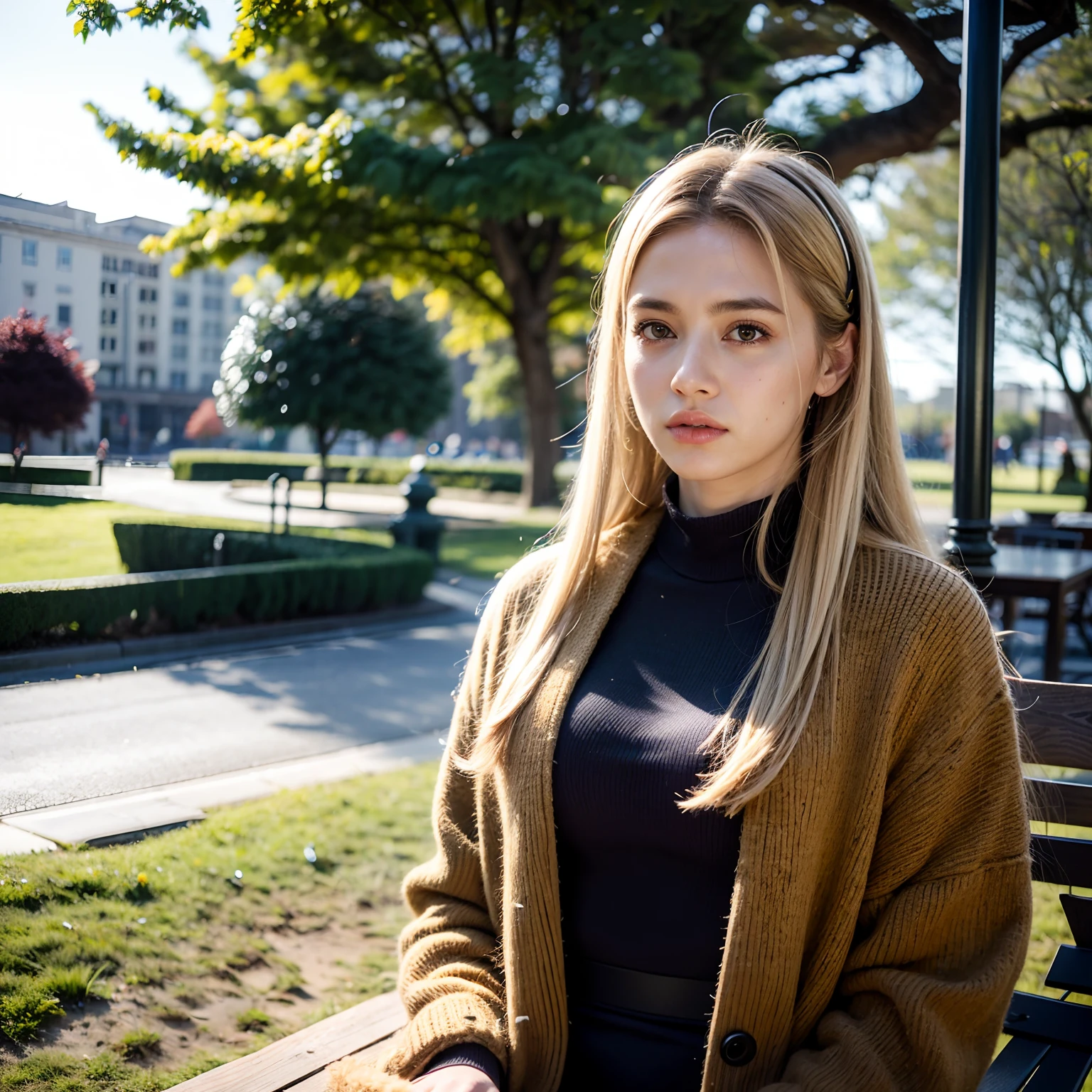 (8k, best quality, masutepiece:1.2), (Realistic, Fotorrealista:1.37), ultra-detalhado,best quality, 超A high resolution, professional lighting, photon maping, City Radio, Physically-based rendering, Cinematic lighting,mulher sentada em um banco, no outono, durante o outono, no outono, mulheres solo, sentado em um banco de parque, sentado em uma floresta colorida,melancholy autumn light, sentado em um banco, 🍂 fofo, penteado quente de inverno, blonde hair, 27 anos, Foto RAW, silenciador, Camisolas, maduro,seios grandes e cheios