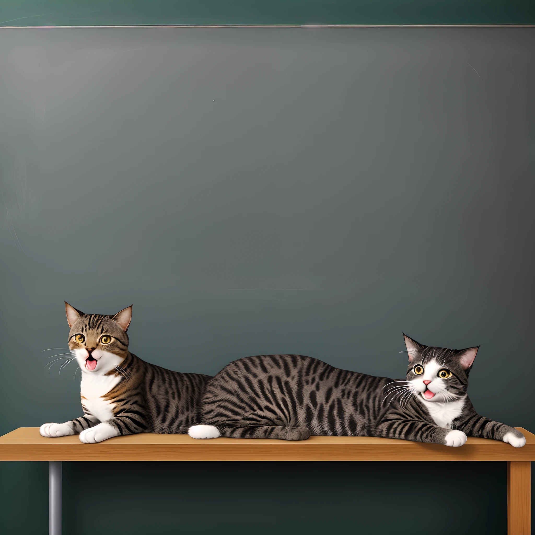 In college classrooms，A cat lies on a blackboard，The teacher wears a skirt，Mouth open in shock