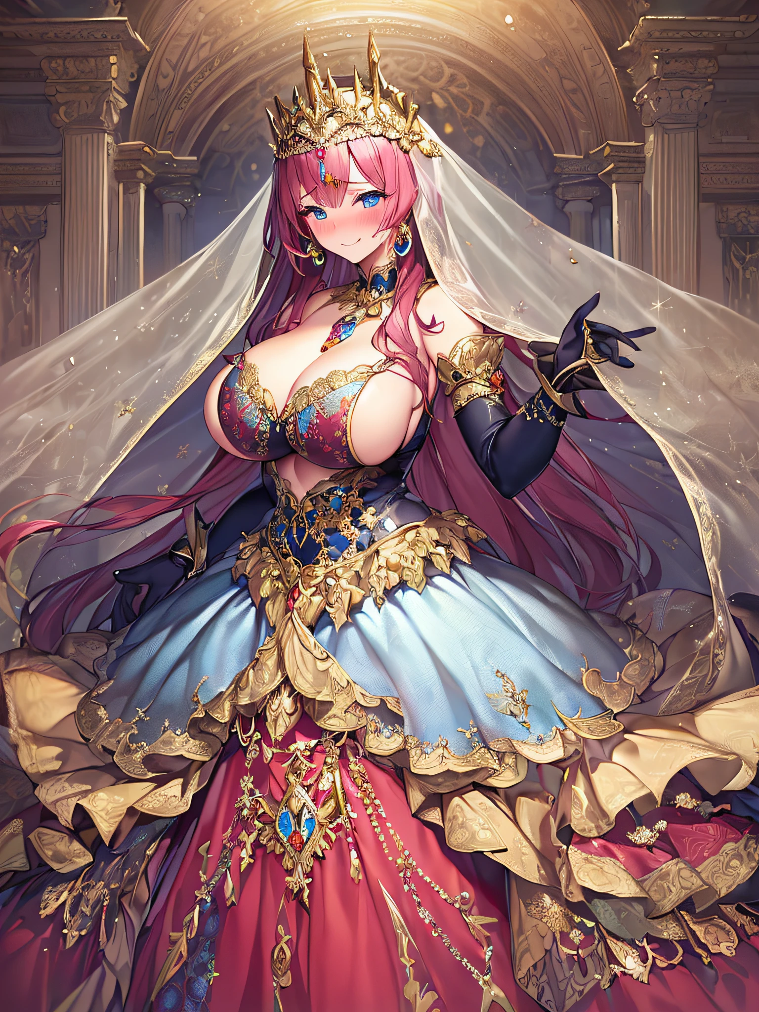 ((Anime Art Style)),(masutepiece),(Best Quality), (Super Detail),((Very delicate and beautiful)),((Full body portrait)),((Stand in the garden)),((Solo)),(((One princess in Gorgeous embroidery and jeweled very gorgeous princess ballgown with voluminous full length hoop skirt))),(Crinoline),Long Train,(((very very gigantic boobs,Skindentation))),((large amount of straight hair,extremely voluminous Hair,Very Long Straight Hair)),(finely detailed face and eyes),((Seductive smile,embarrassed)),extremely gorgeousfull hair ornament,very gorgeous tiara adorned with bling-bling jewels,Glitter Gorgeous Gemstone Jewelry,Gorgeous Long Veil,opera gloves,(Beautiful background),(Full body),((Gorgeous embroidery and jeweled gorgeous princess ballgown with voluminous full length hoop skirt)),