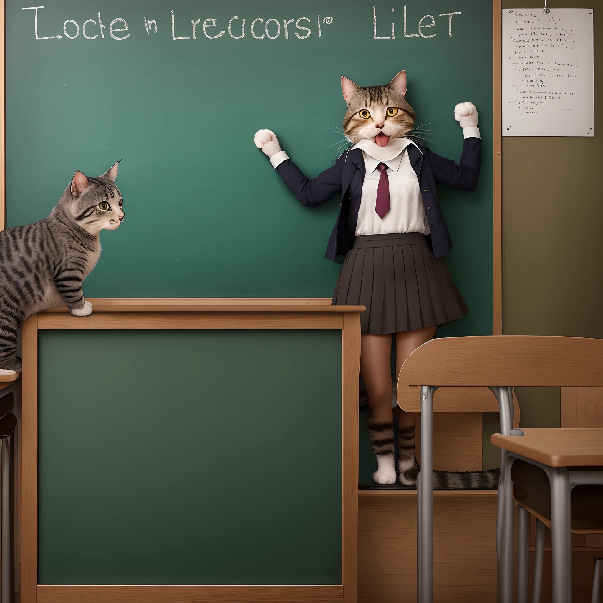 In college classrooms，A cat lies on a blackboard，The teacher wears a skirt，Mouth open in shock