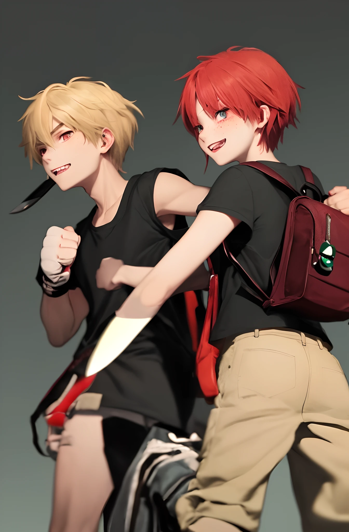 blonde boy with short hair with red eyes with a villainous smile in a black shirt with a red backpack strap holding the fist of a red-haired girl with two long braids and lots of freckles in a green tank top with a knife in her hand with a dark colored backpack facing he looking back