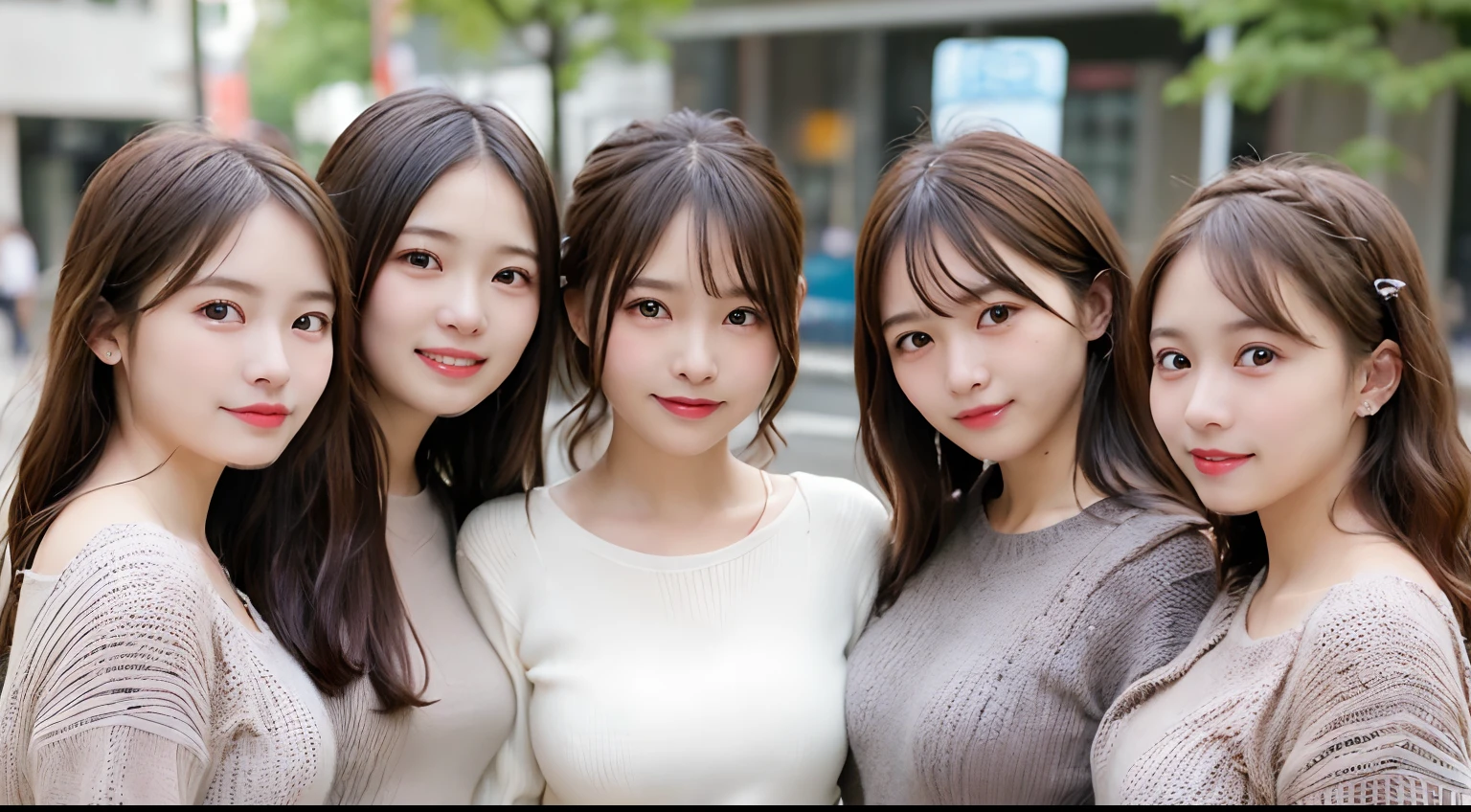 masterpiece, Better Quality, hight resolution, ((Photorealsitic:1.4, Raw photography, 超A high resolution,Top image quality: 1.4)), ((upper body 1.5)), Beautiful detailed eyes, Natural Color Lip, ((A big smile:1.5)), ((Random and cute curly hair)), ((Random breast sizes from large to medium:1.2)), ((Random fashionable clothes:1.5)), ((Random winter clothes:1.0)),((Random knitted clothing:1.3))((breastsout、under look eyes、Mole on the arm:0.9)), ((peer in from below)), ((street corner)), ((Random and cute facial expressions)),, ((4 girls、Four people standing side by side:1.5)) very detailed and professional lighting、 ((Random and cute facial expressions:1.5))