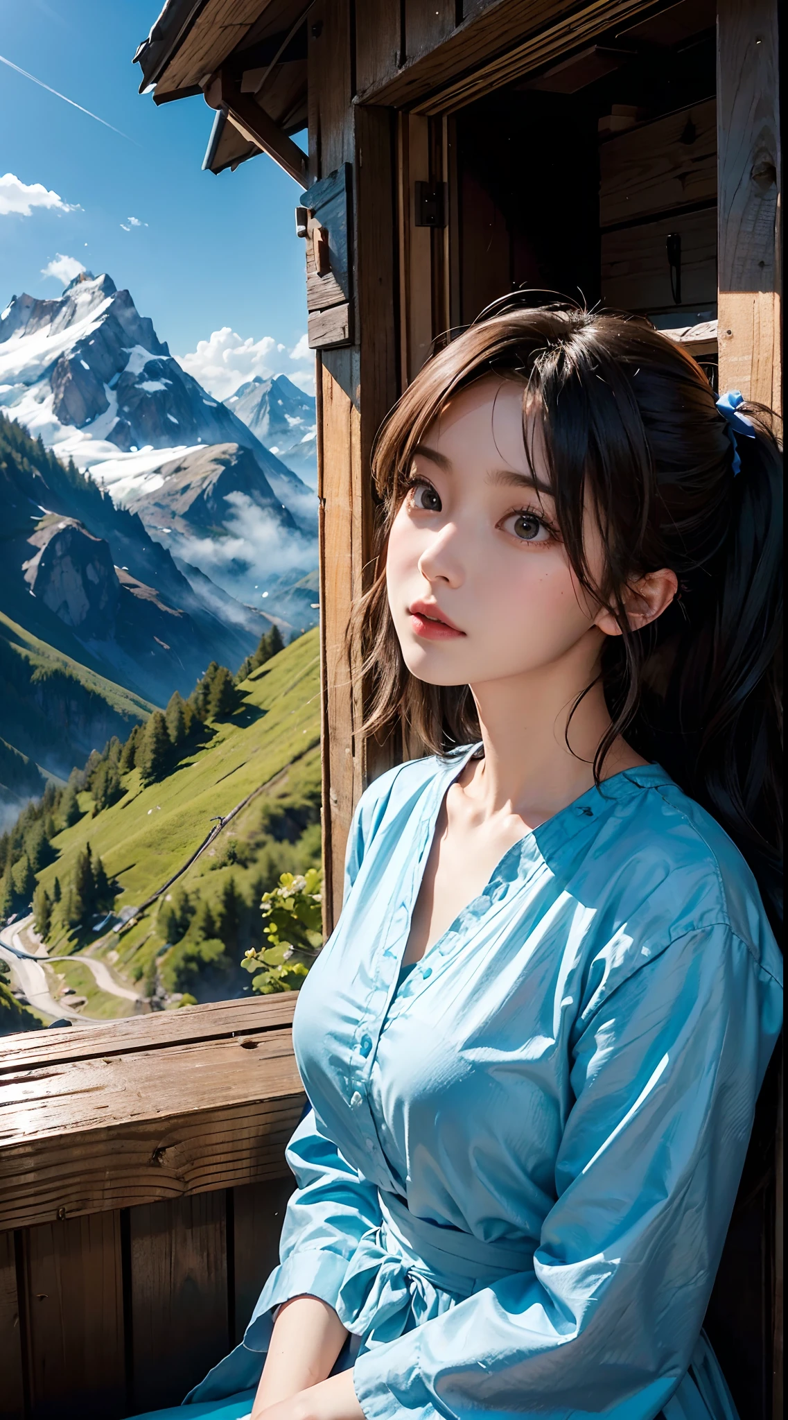 masutepiece、top-quality、A hyper-realistic、Photorealsitic、A male and female couple climbers looking up at a mountain hut standing along the mountain surface on a steep summer mountain cliff、Except for the road leading to the mountain hut, the scenery is full of blue nemophila