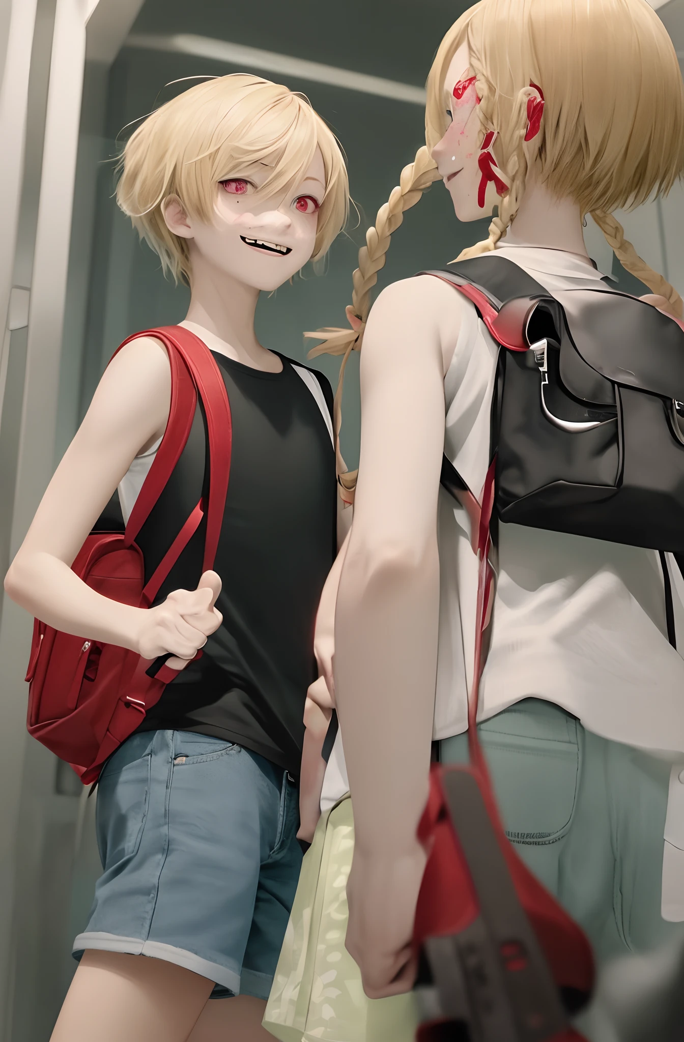 blonde boy with short hair with red eyes with a villainous smile in a black shirt with a red backpack strap holding the fist of a red-haired girl with two long braids and lots of freckles in a green tank top with a knife in her hand with a dark colored backpack facing he looking back