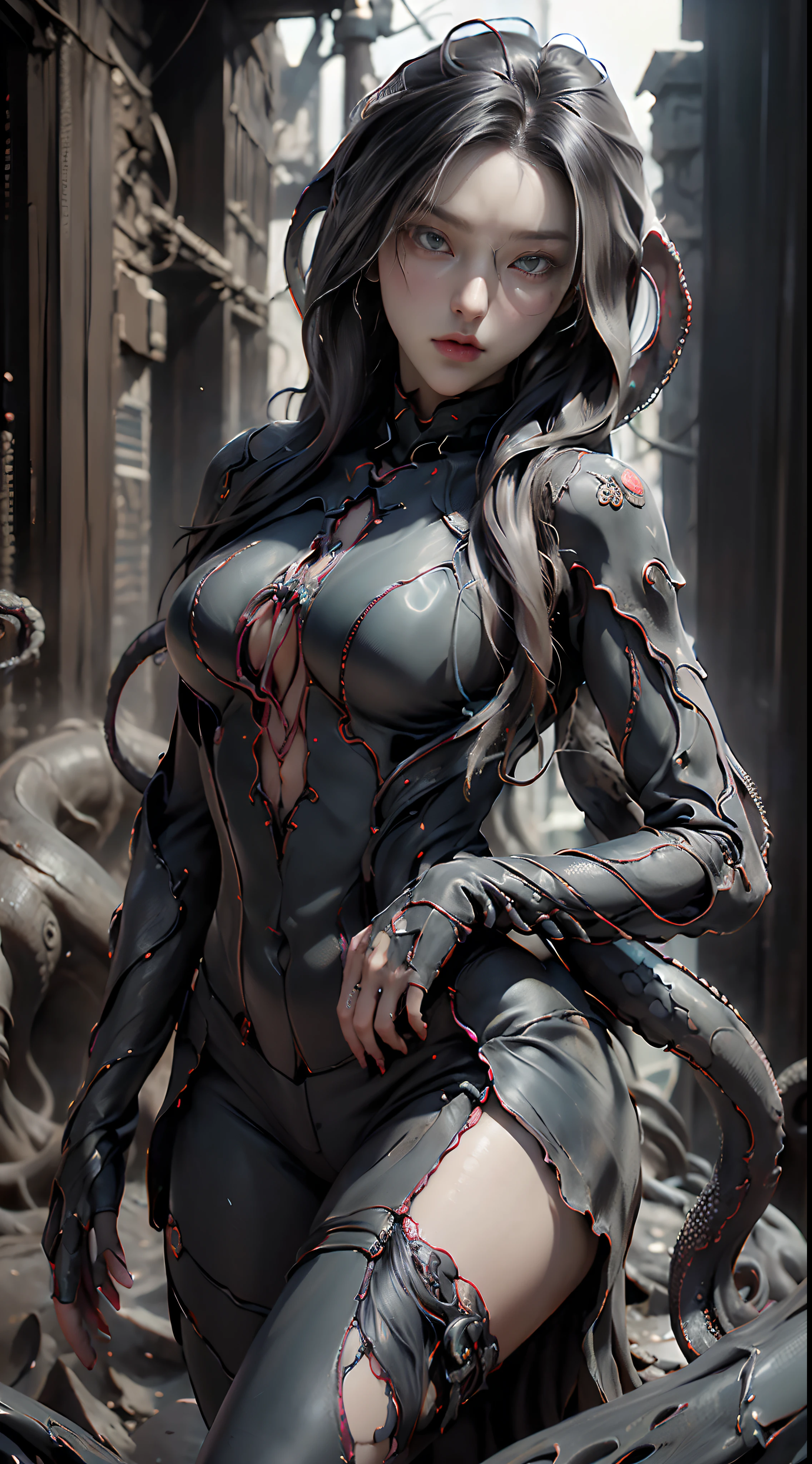 ((top-quality)), ((​masterpiece)), (detaileds:1.4), .。.。.。.。.3D, Beautiful Cyberpunk Woman Image,nffsw(HighDynamicRange),Ray traching,NVIDIA RTX,Hyper-Resolution,Unreal 5,Sub-surface scattering,PBR Texturing,Postprocess,Anisotropy Filtering,depth of fields,Maximum clarity and sharpness,multi-layer texture,Albedo and specular maps,Surface Shading,Accurate simulation of light-material interactions,perfectly proportions,Octane Rendering,Two-tone lighting,Wide aperture,Low ISO、White Balance、thirds rule、8K Raw..(((Tentacles cling to his body)))(((Full of tentacles)))((()))(((Clothing and tentacle integration)))((place々Clothes are torn)))(((Clothes are tattered)))