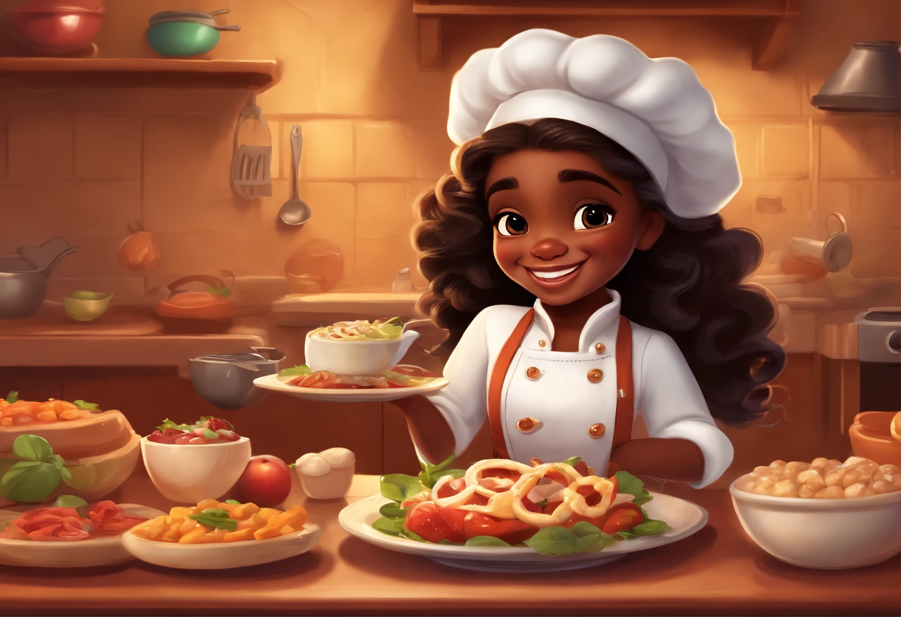 A small 6-year-old girl, with long, very curly dark brown hair, completely coily hair, dark skin, brown eyes, dressed in a white chef's jacket, black pants, wearing a typical tall white chef's hat, smiles showing a delicious plate of steaming food. disney pixar style image