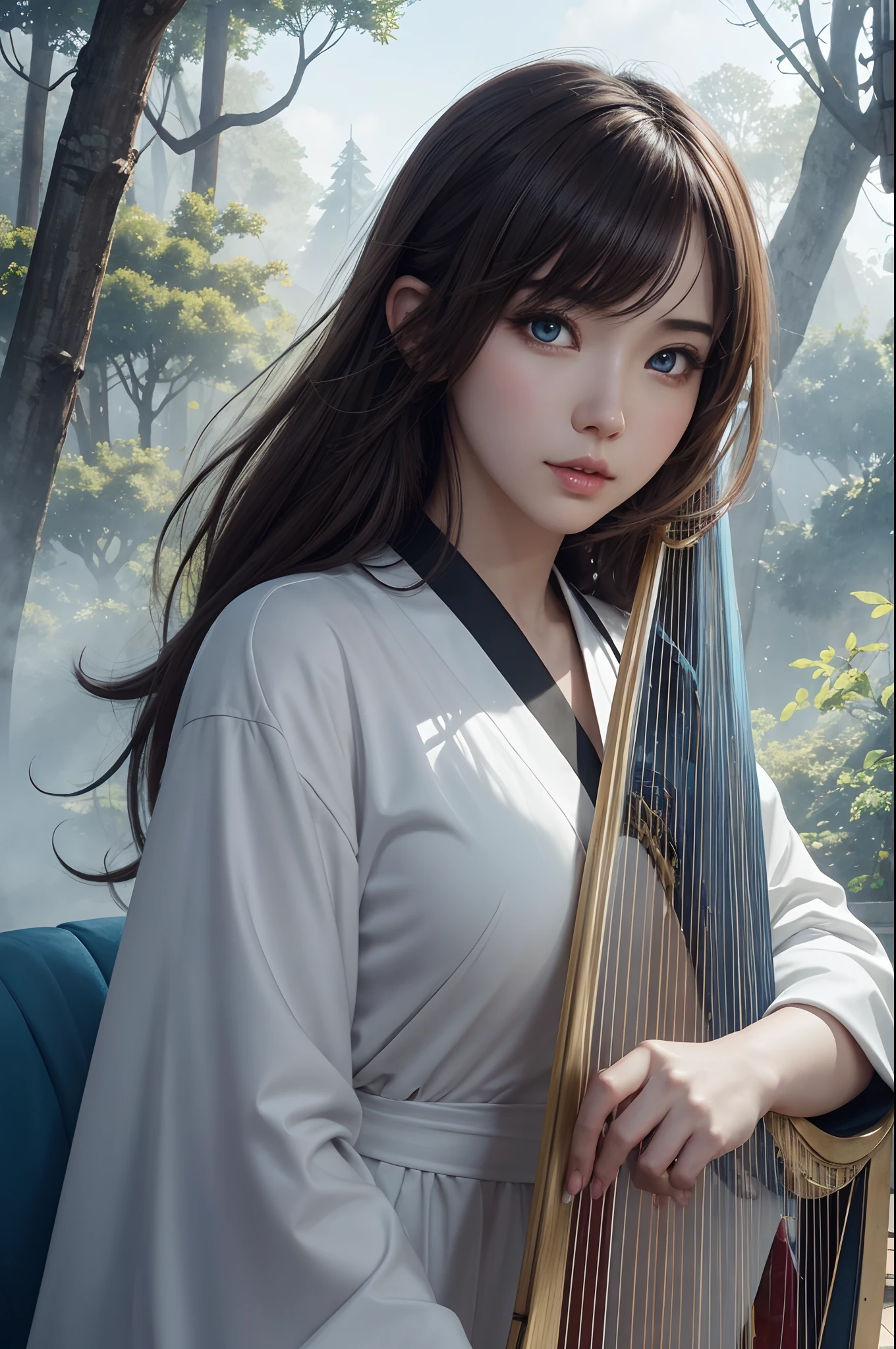 hightquality、8K Ultra HD、fullllbody、A -yeld fee harpist is playing the harp、robe blanche、light brown hair、Blue eyes、(There is a nice healing forest in the background)、cute little、Beautiful fece、portlate、Morning Spectacle、birdie、art by:Alberto Seveso、Symmetrical、Abstract art style、Complex and intricate watercolor painting 、digitial painting、explosion of colors、concept-art、Volumetric lighting、TanvirTamim、metal reflective、2d render、8K。 by artgerm、Trending on ArtStation