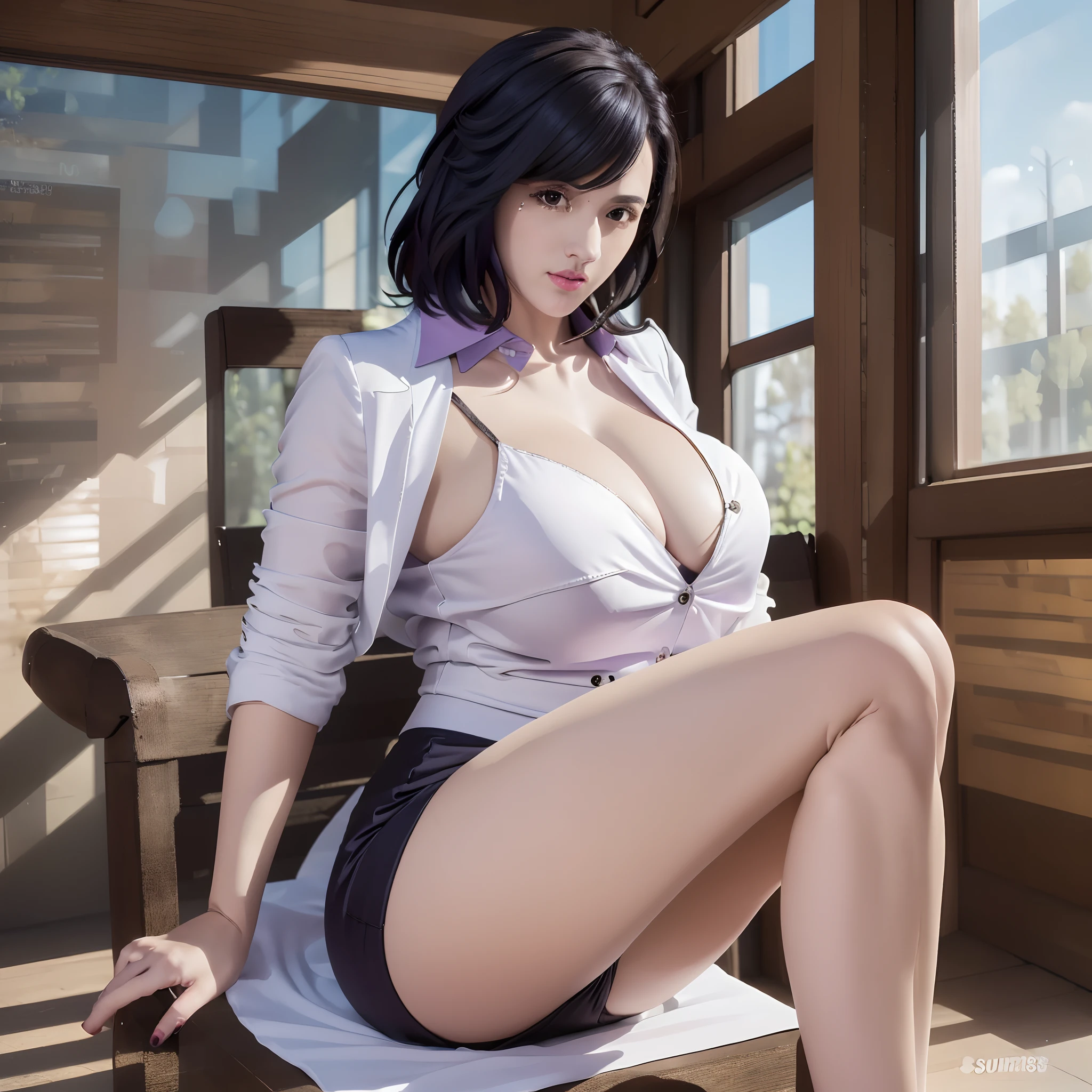 (1girl in:2.0, Solo:2.0, saeko_city hunter, white jacket, purple shirt, collared shirt, pencil skirt, hyper mini skirt, black garter:1.35, shoulder bag, high heels), (((Shallow depth of field))), (Photographic realism: 1.3), (masterpiece:1.1, Absurd quality:1.1), an extremely delicate and beautiful one, Extremely detailed, 16k wallpapers, Stunning appearance, Fine details, Highly detailed ticker uniform 16k wallpaper, super detailed, 超A high resolution, Soft lighting Next, short length bangs, jet-black hair)), Beautiful detailed girl, Ultra High Definition Fingers, Perfect Finger, With perfect arms, extremely detailed eye and face, Light on the Face, Mature Face, Realistic face, Perfect slim body, Beautiful slender thighs, (ultra gigantic tits:1.5, SuperHuge boobs:1.5, ultra gigantic tits:1.5, ultra huge cleavage:1.5), (sitting on the pipe chair, abandoned house, Full body shot),