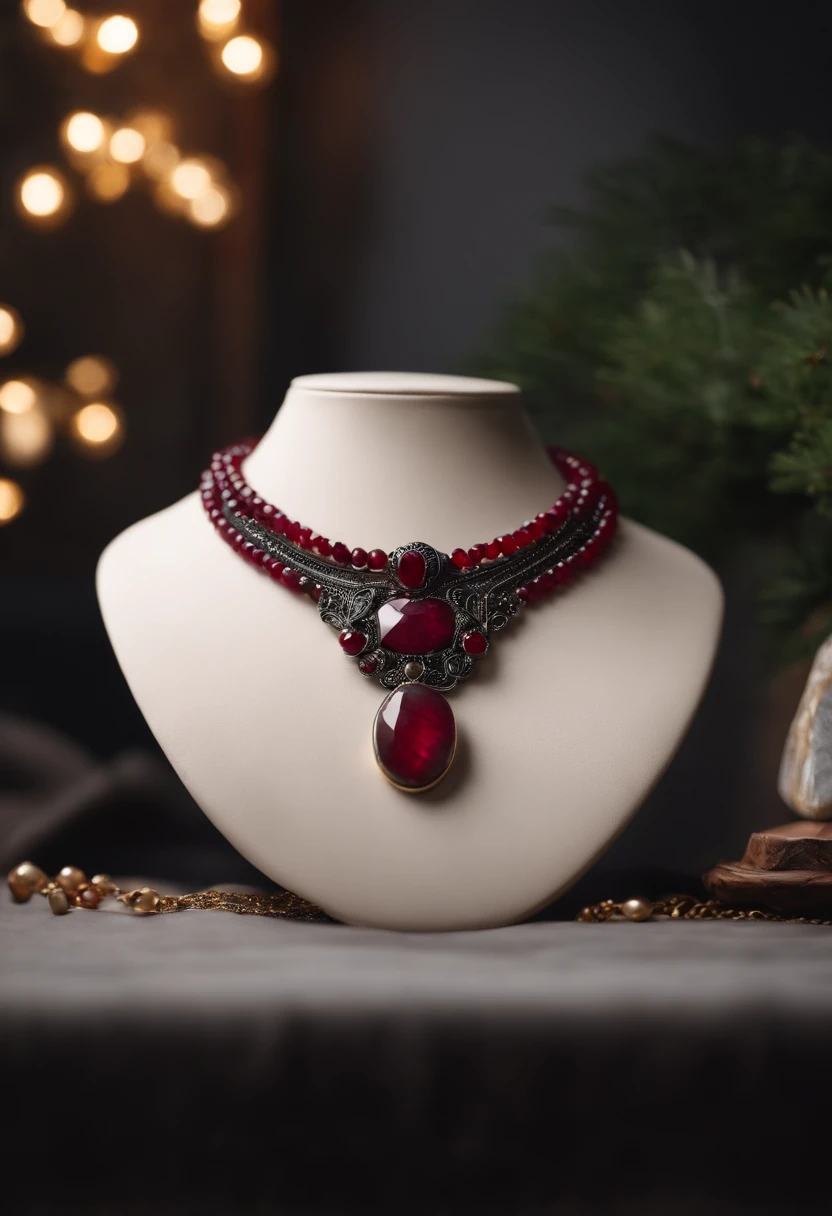 On the table is placed a Ruby red necklace with a unique design made of natural labradorite,(choker necklace),4k高清,(Real Photographics),Masterpiece, Best quality