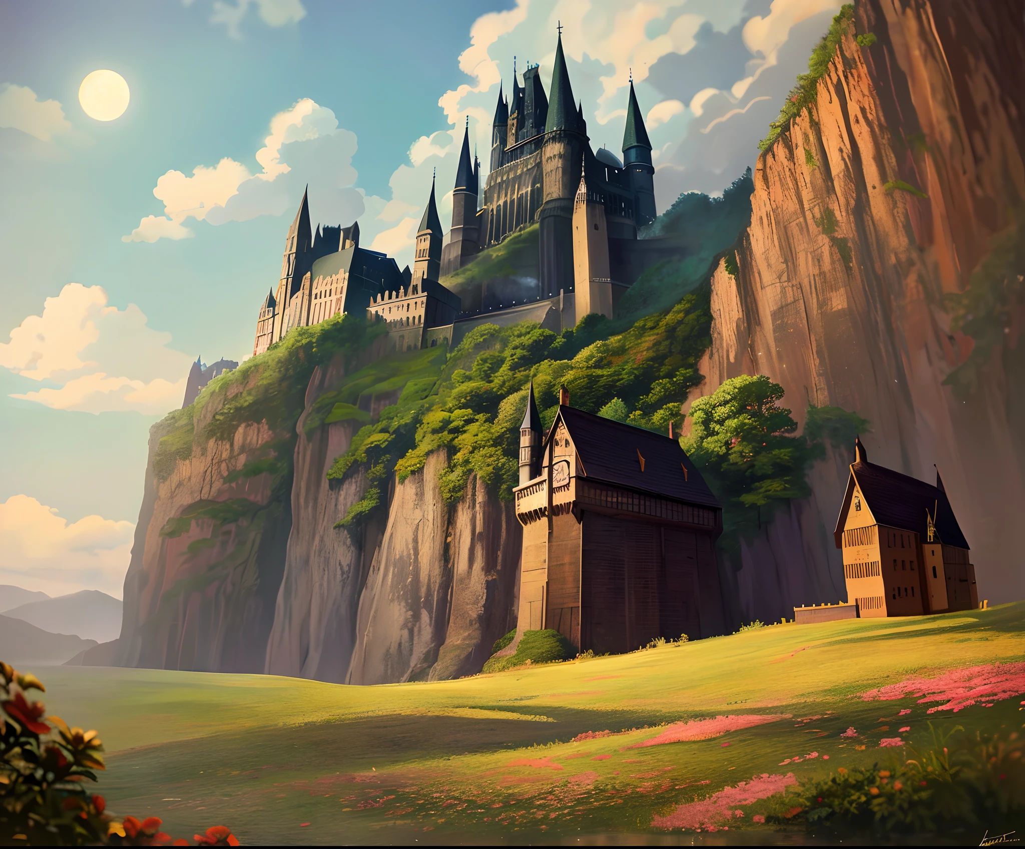 There's a painting of a castle on a full moon hill, Estilo Andreas Rocha, Bussiere Rutkowski Andreas Rocha, Antecedentes Hogwarts, inspirado em Andreas Rocha, hogwarts setting, autor：Andreas Rocha, Hogwarts 2 0 7 7, A Arte de Harry Potter, O estilo de Andreas Rocha, 8k arte detalhada de alta qualidade, Hogwarts