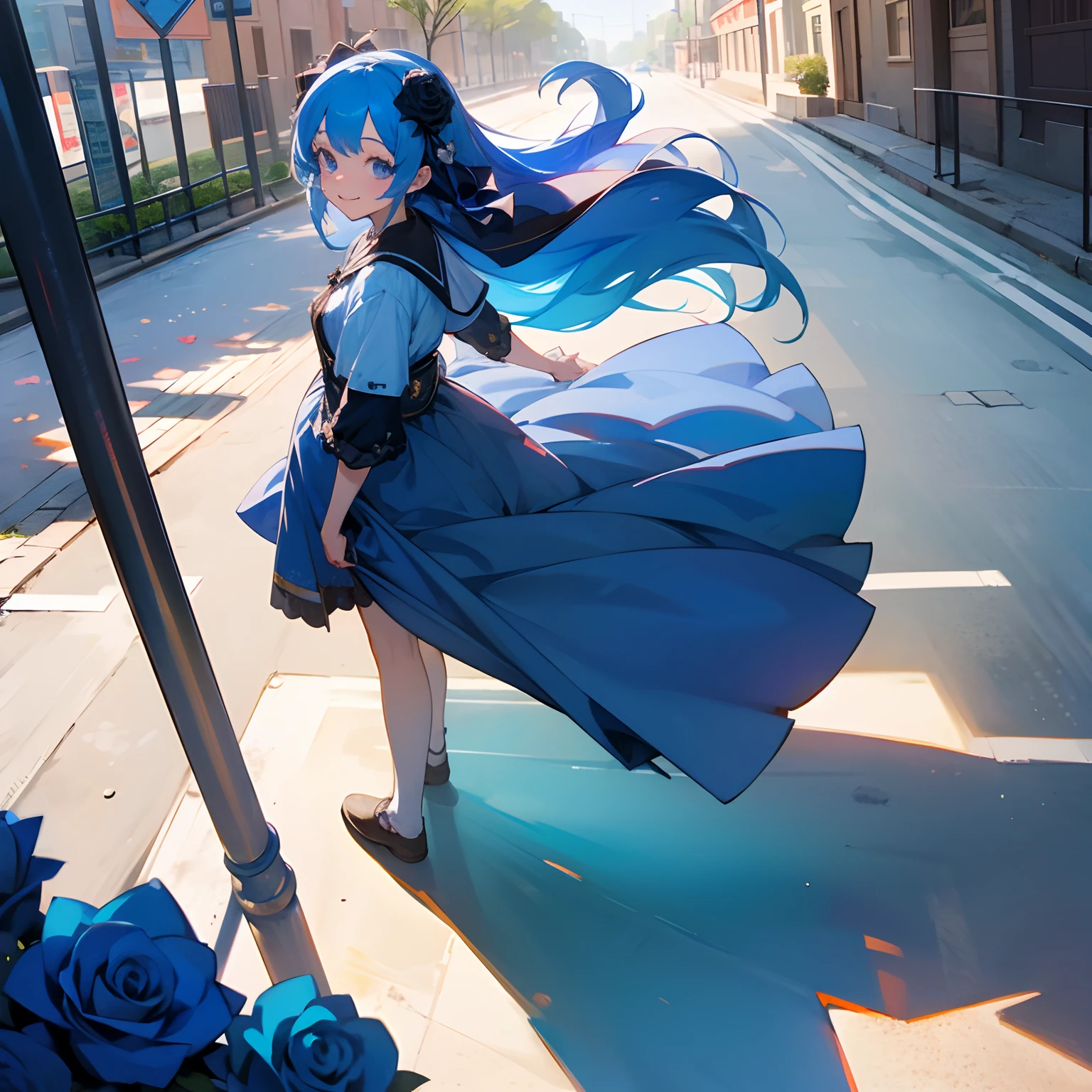 blue rose girl, fully covered, rose on hair, hair accessories, informal clothing, daily outfit, blue hair, hd, ultra quality, pleasant face, mild smile, long shot, wide shot, wide angle, looking away, detailed eyes, public, street, sunny day.
